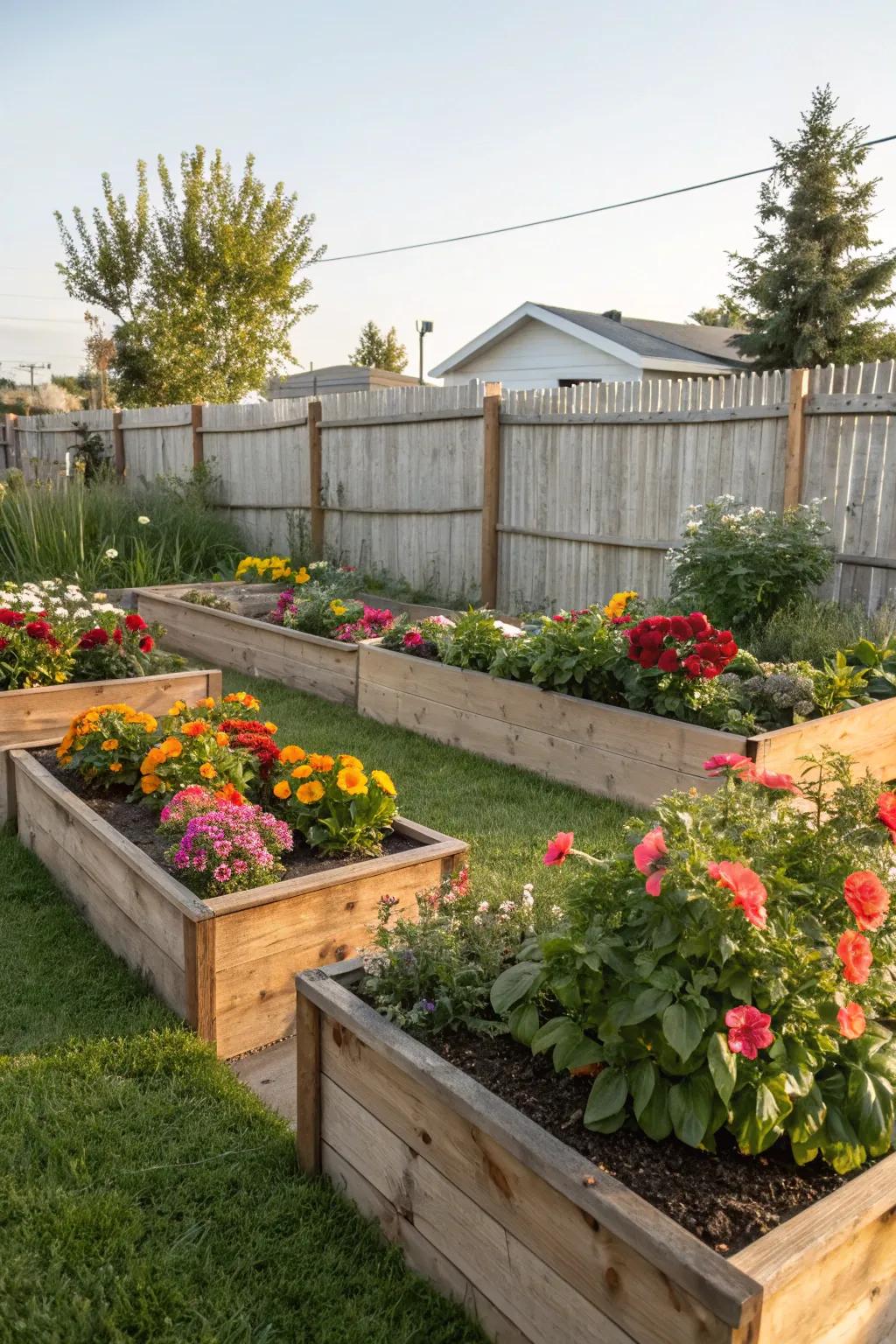 Enjoy the simple beauty of classic wooden raised flower beds in your garden.