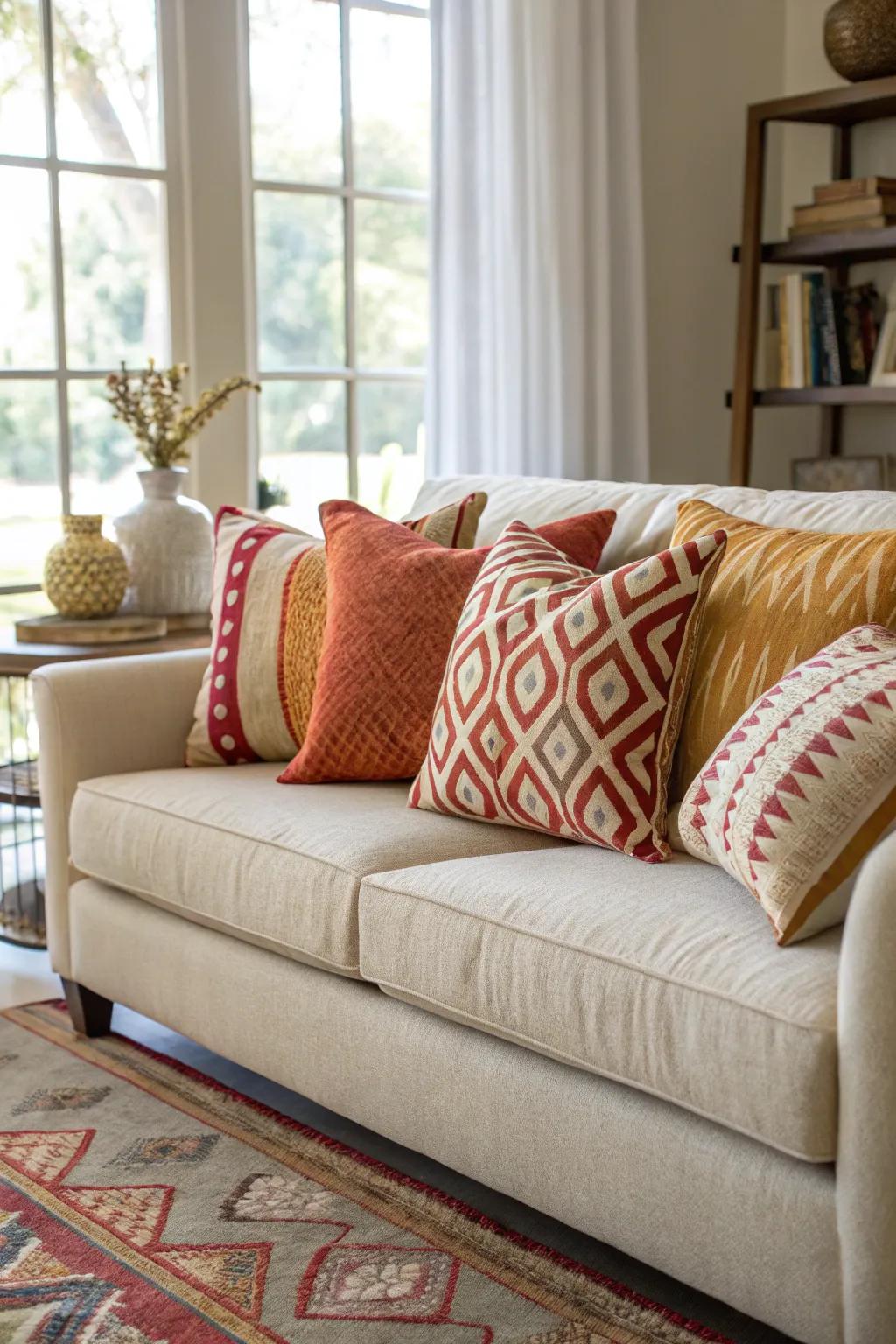 A beautifully coordinated color arrangement of cushions on a living room couch.