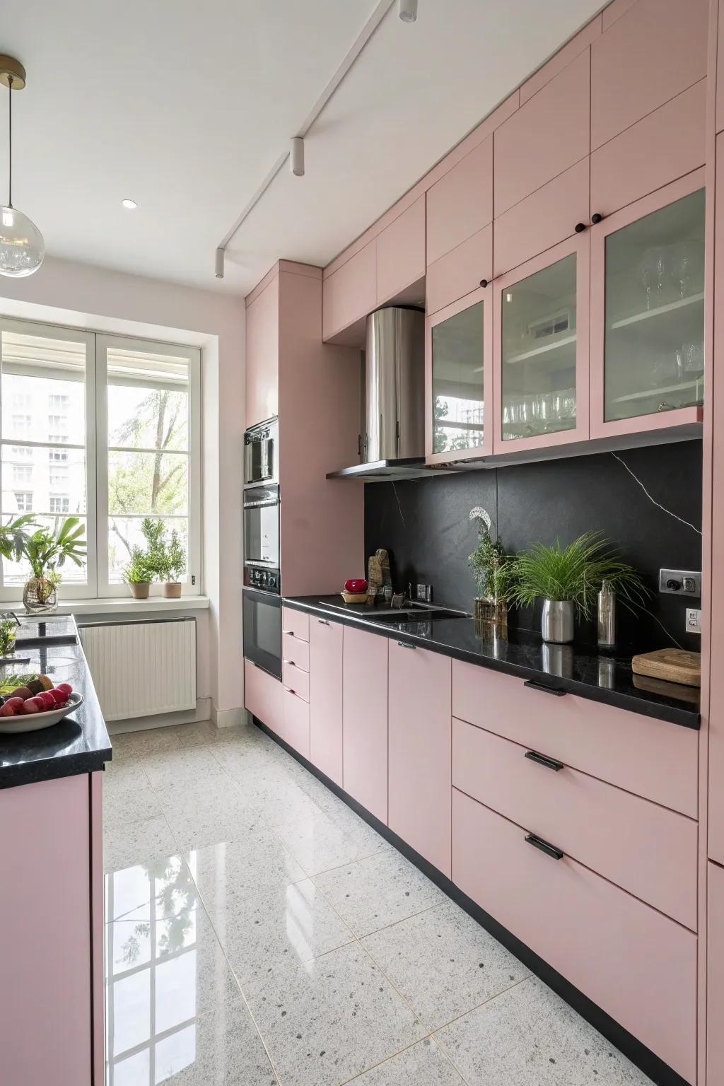 Lively rose cabinets perfectly balanced by dark countertops forge a breathtaking visual contrast.