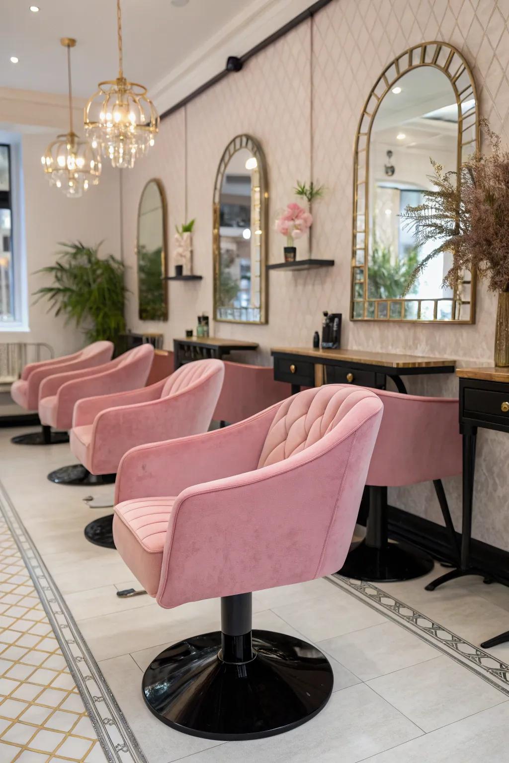 Plush rose seating featuring dark accents adds a lavish feel to any salon.