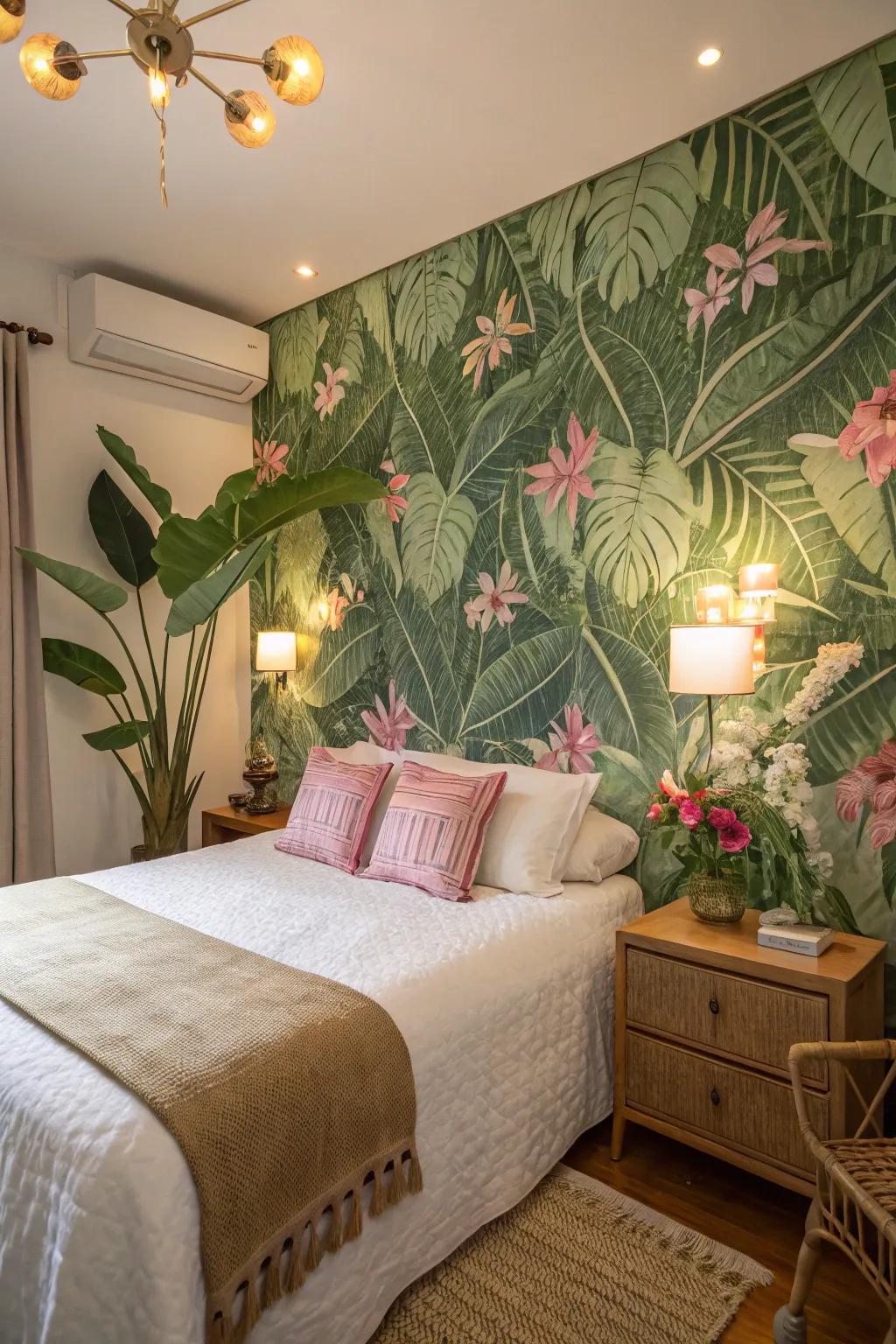 Floral wallpaper showcasing vibrant greens and pinks creates a peaceful bedroom retreat.