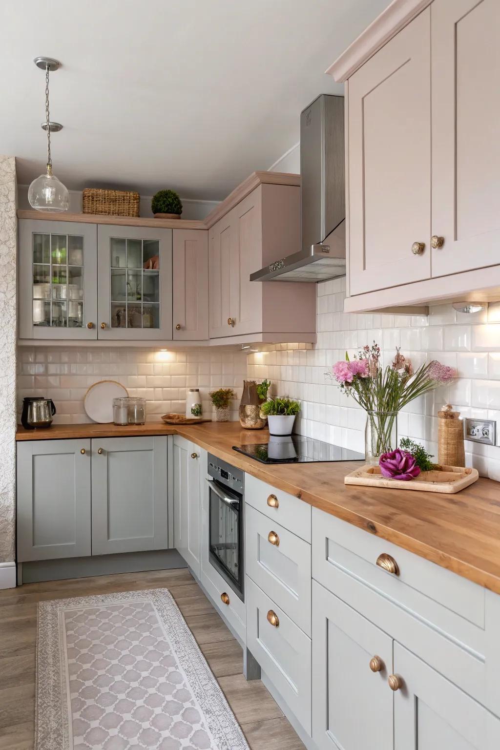 A tranquil kitchen showcasing gentle pastel pink and light grey shades.