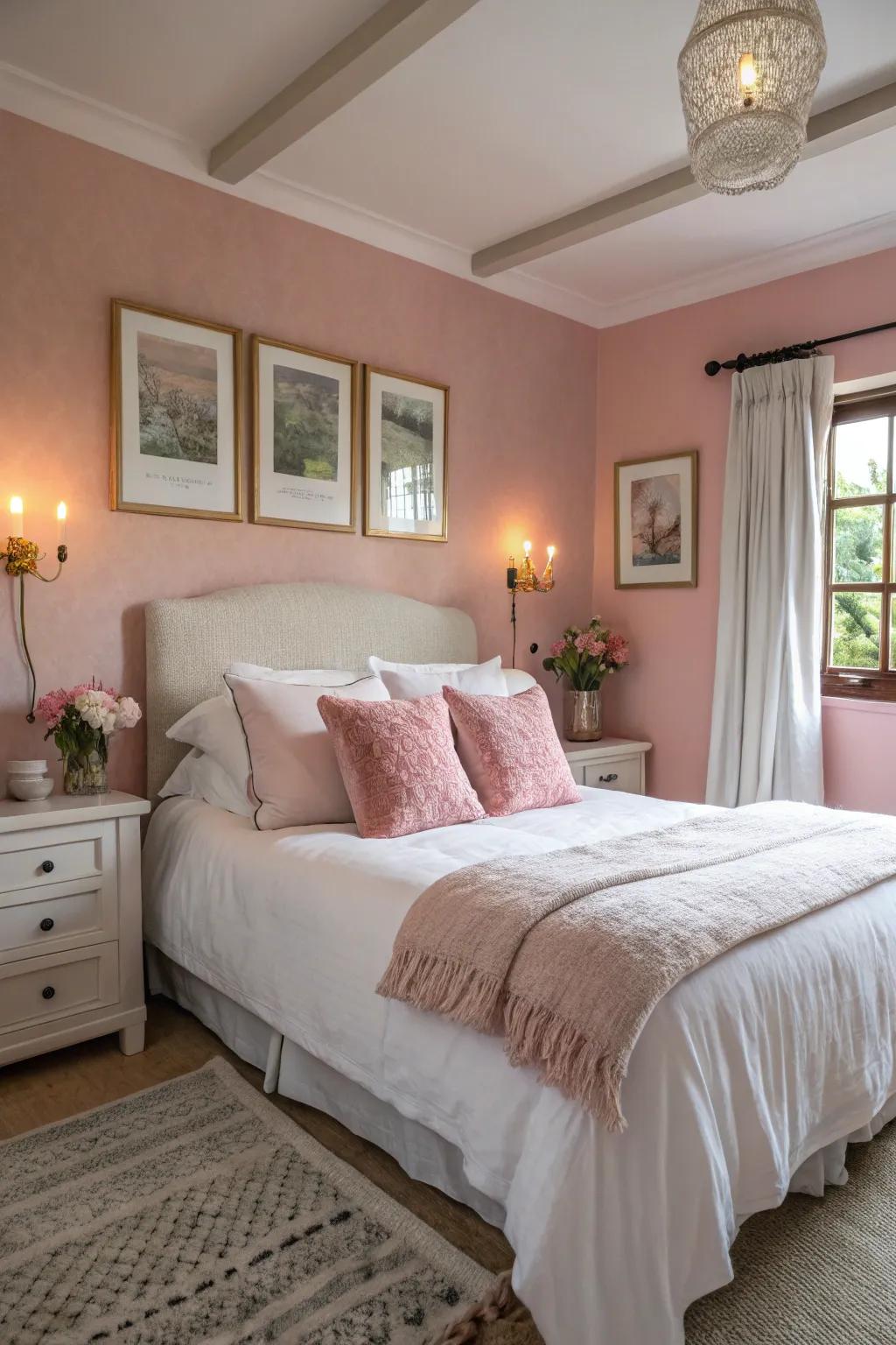 Welcome the peace of rose and white for a peaceful bedroom getaway.
