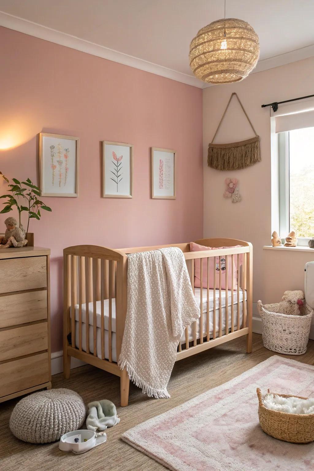 Pastel pink walls infuse the nursery with calmness and charm.