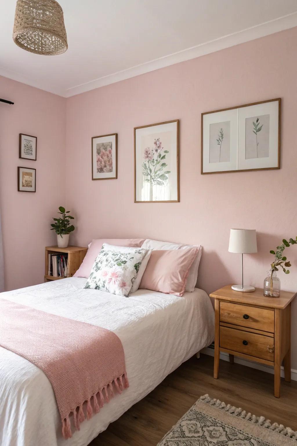A tranquil bedroom showcases pastel pink walls paired with understated decor.