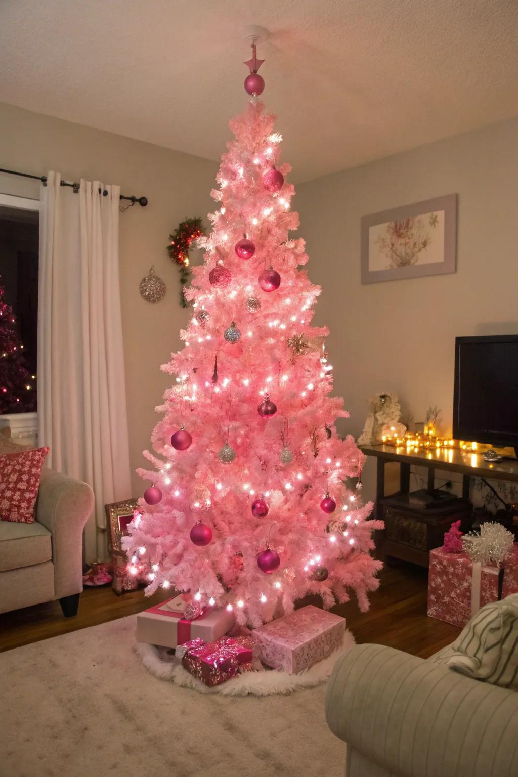 A pink Christmas tree ready to steal the spotlight.
