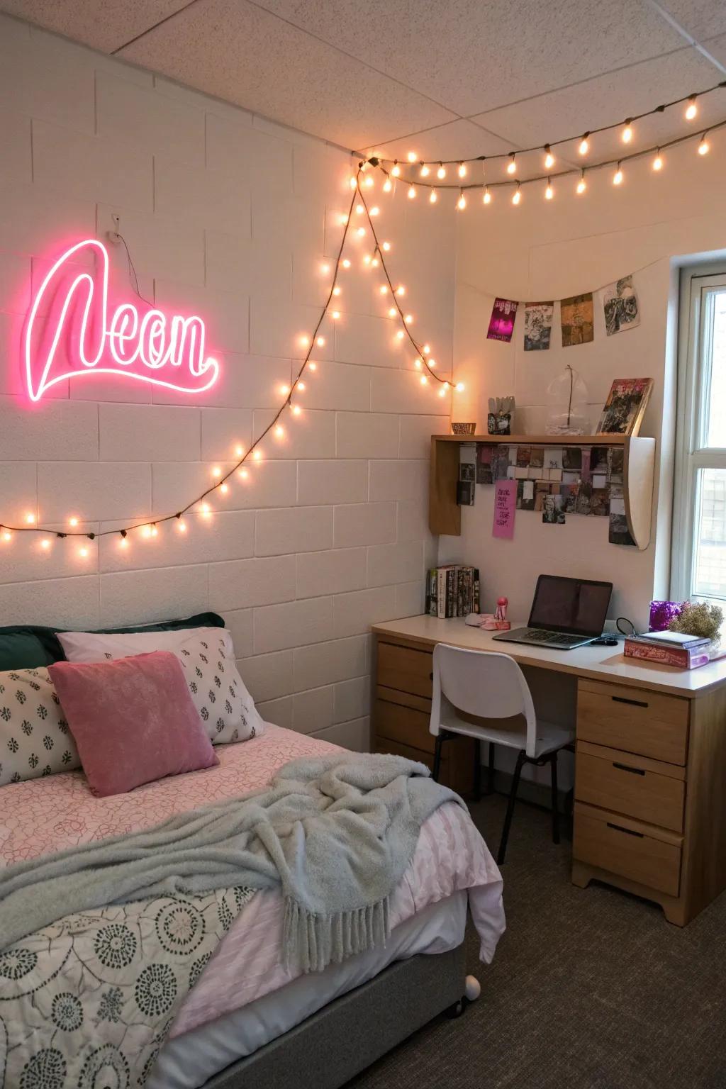 Twinkling lights and custom signs introduce a cozy radiance and a burst of character.