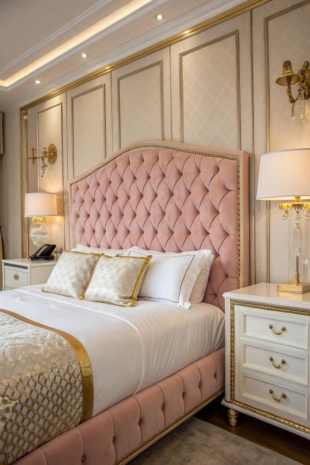 A glamorous bedroom centered around a tufted pink velvet headboard.