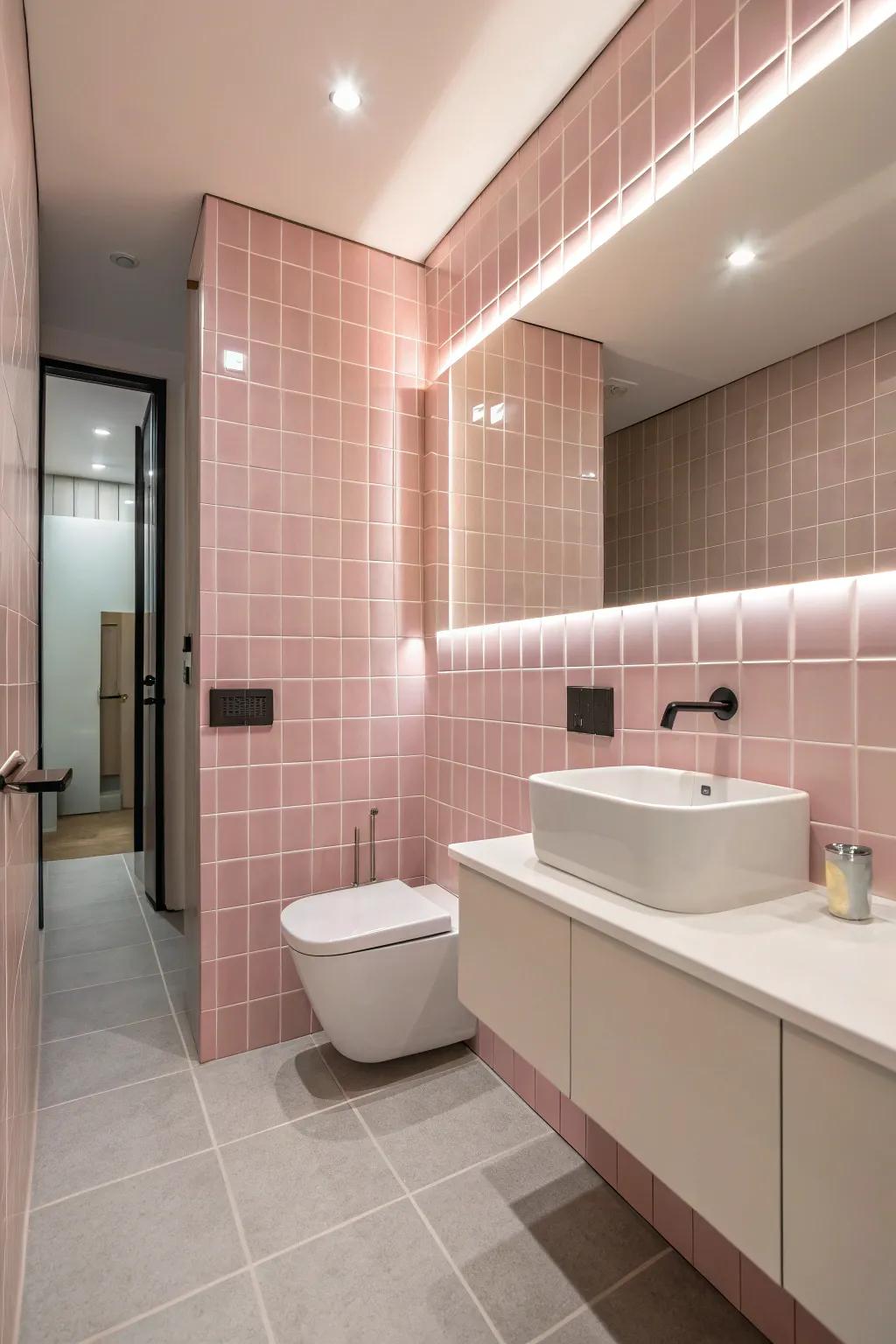 A minimalist bathroom design where rosy tiles claim the spotlight.