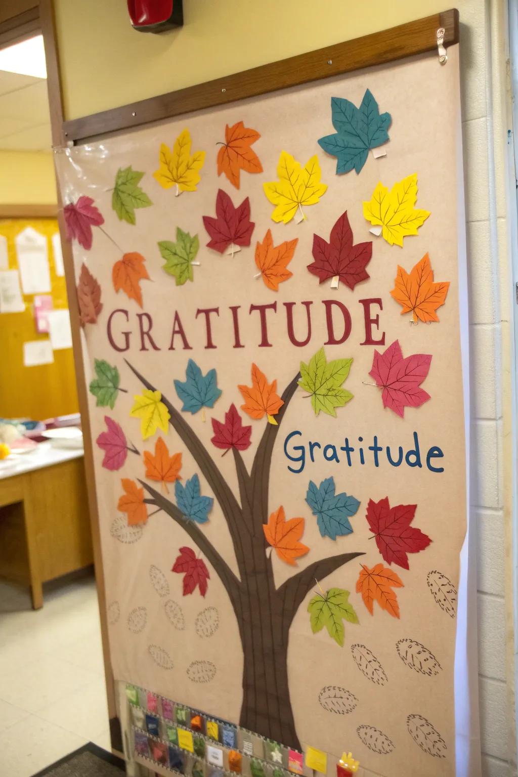 A gratitude tree bulletin board to express thankfulness during the fall season.