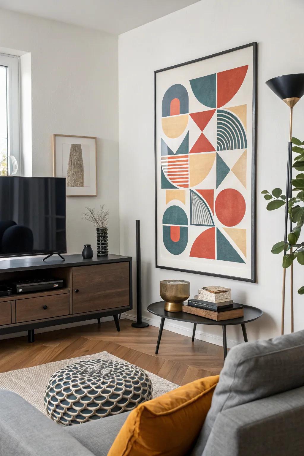 A stunning abstract art poster using geometric shapes in a contemporary lounge.