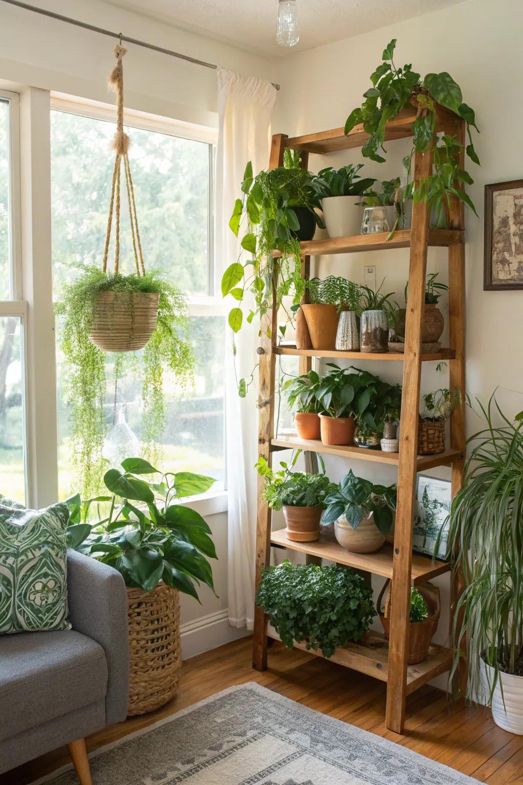 Design an upright garden utilizing shelving.