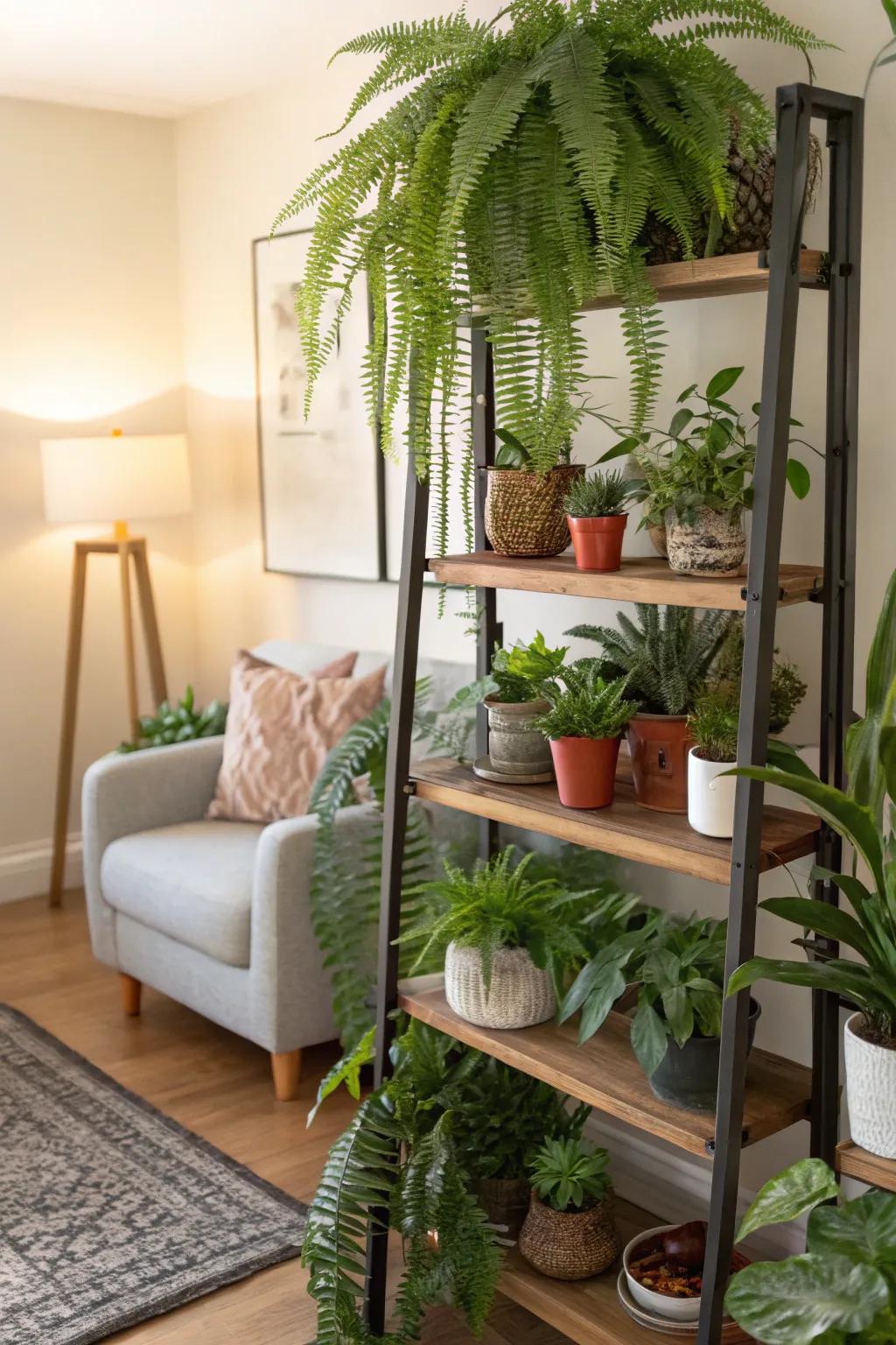 A plant shelf exhibiting various plant heights for a lively effect.