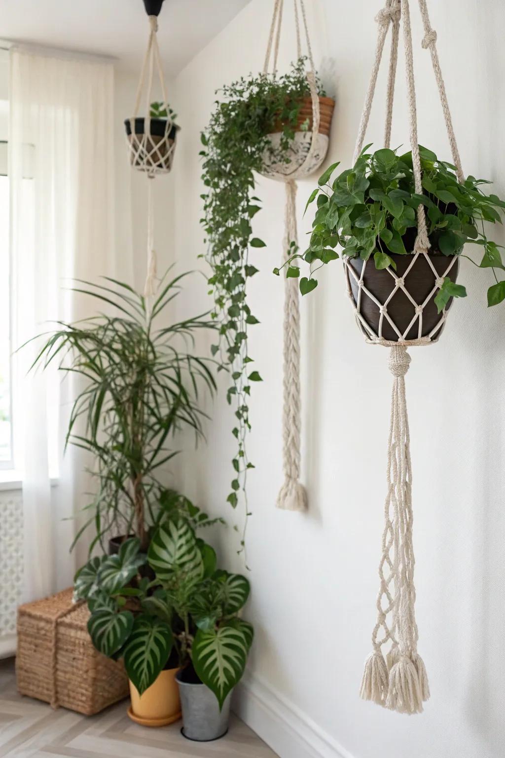 Enhance vertical space with suspended greenery.