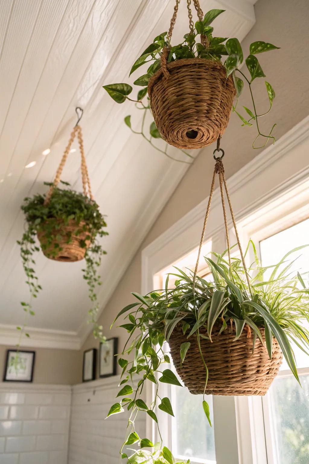 Incorporate vertical charm with hanging plants that flourish in moist environments.