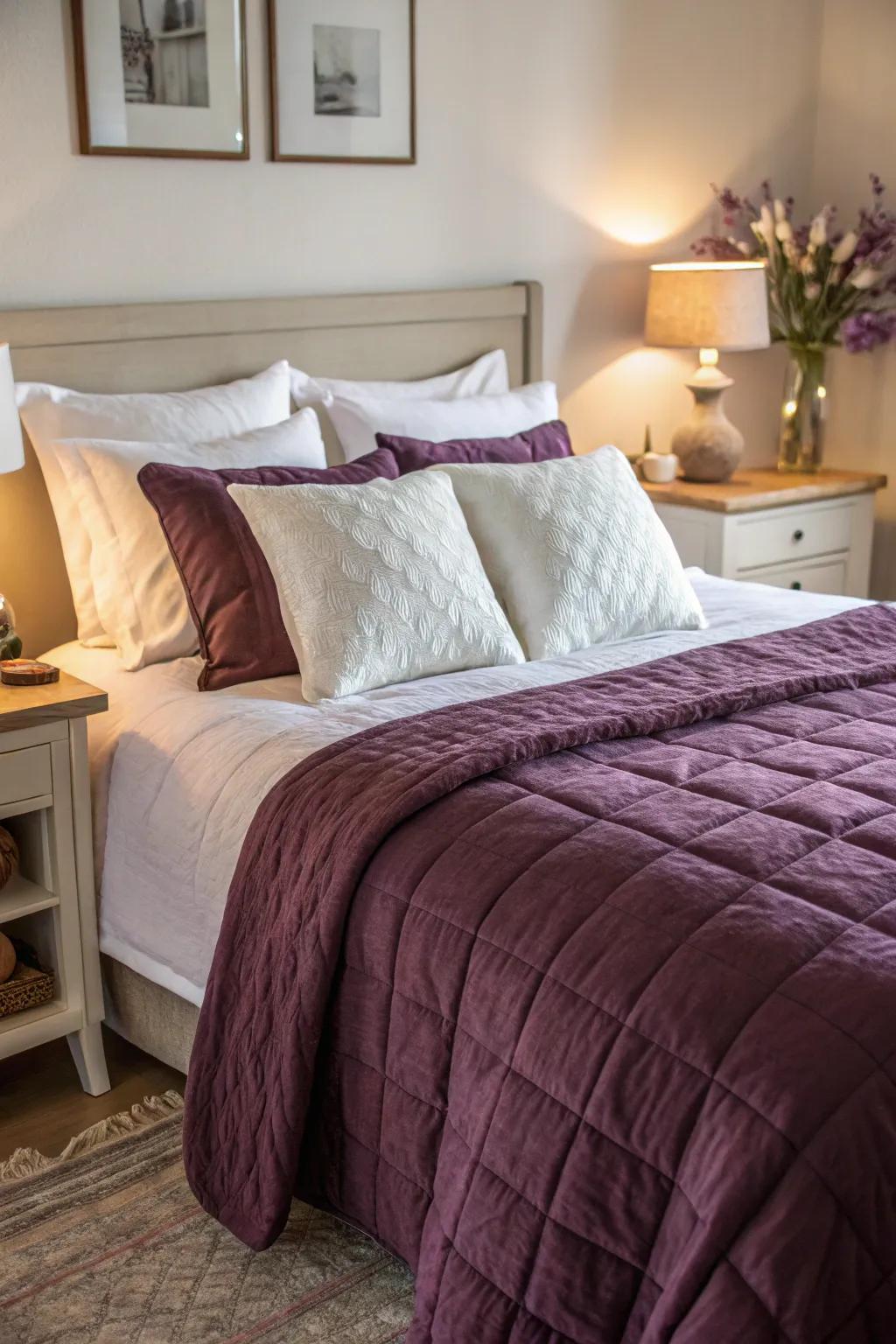 Plum bedding alongside white accents, crafting a balanced visual appeal.