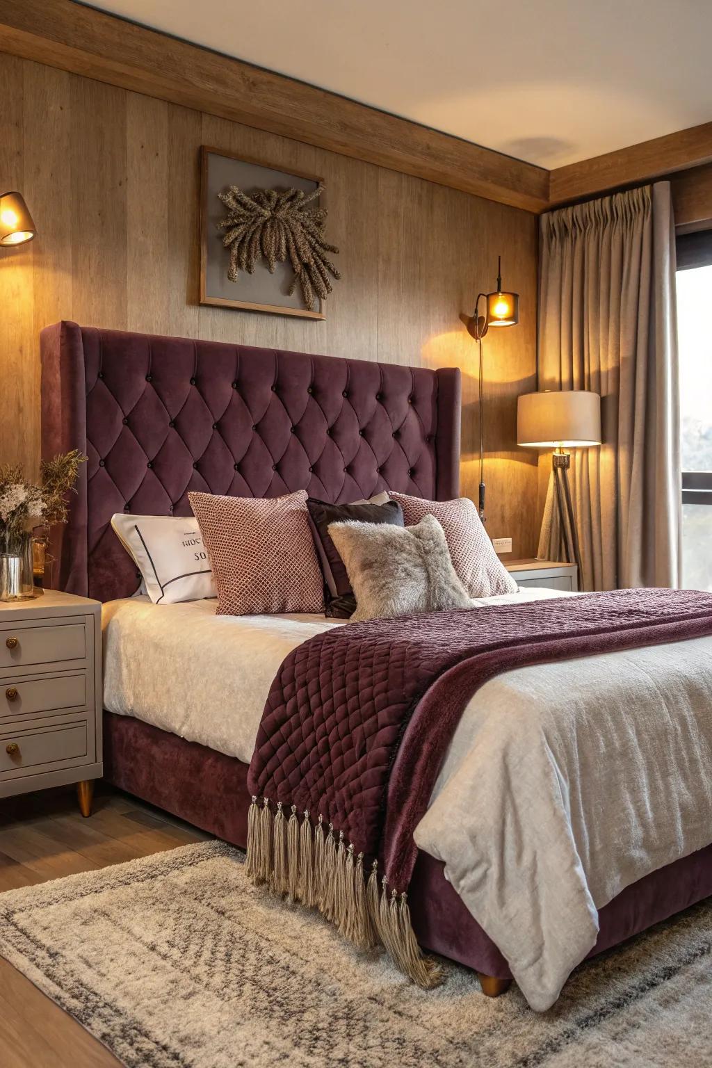 A plush pile headboard introduces luxury and comfort to any bedroom.