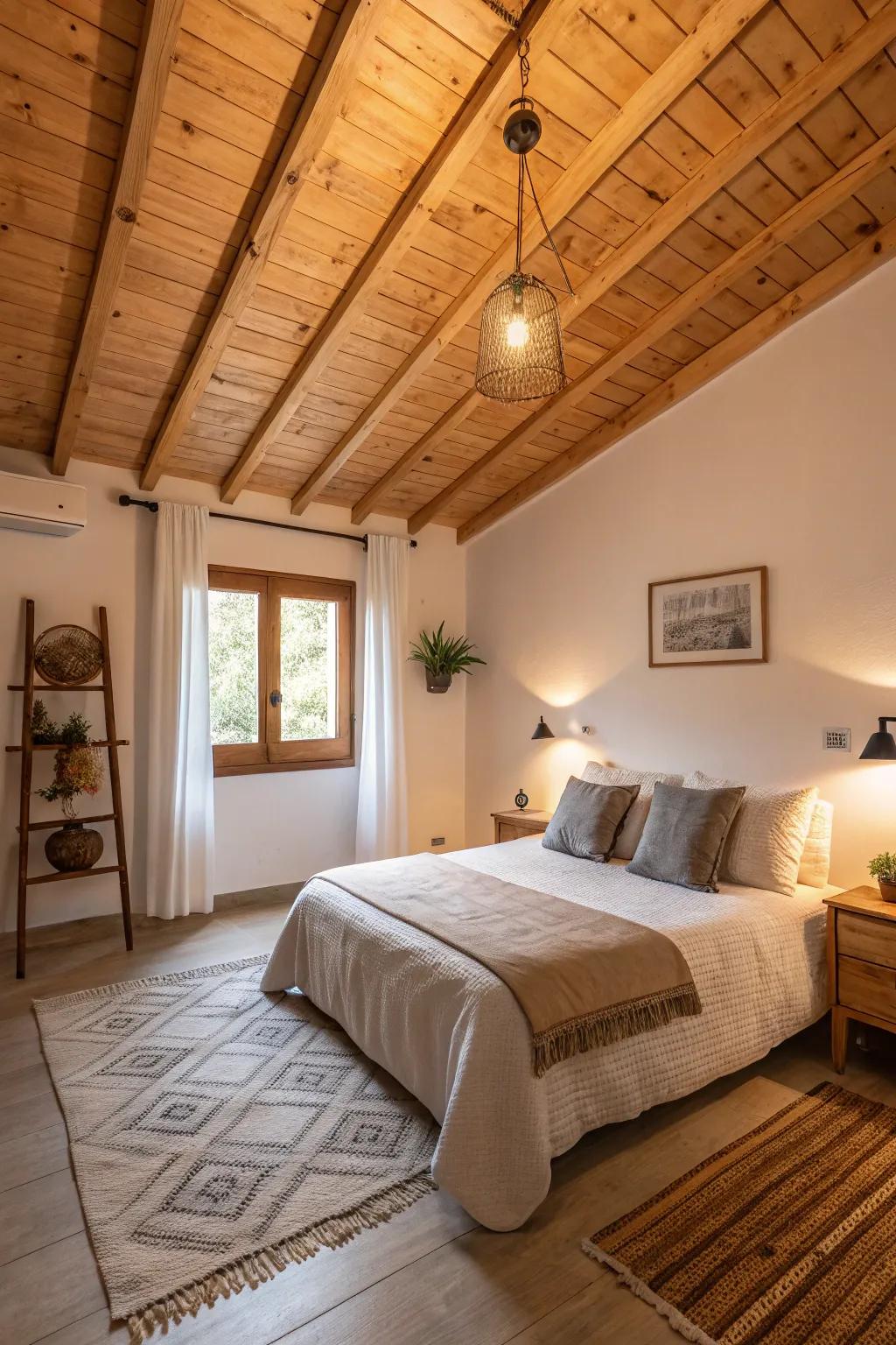 A peaceful bedroom with a plywood ceiling that wraps the room in warmth.
