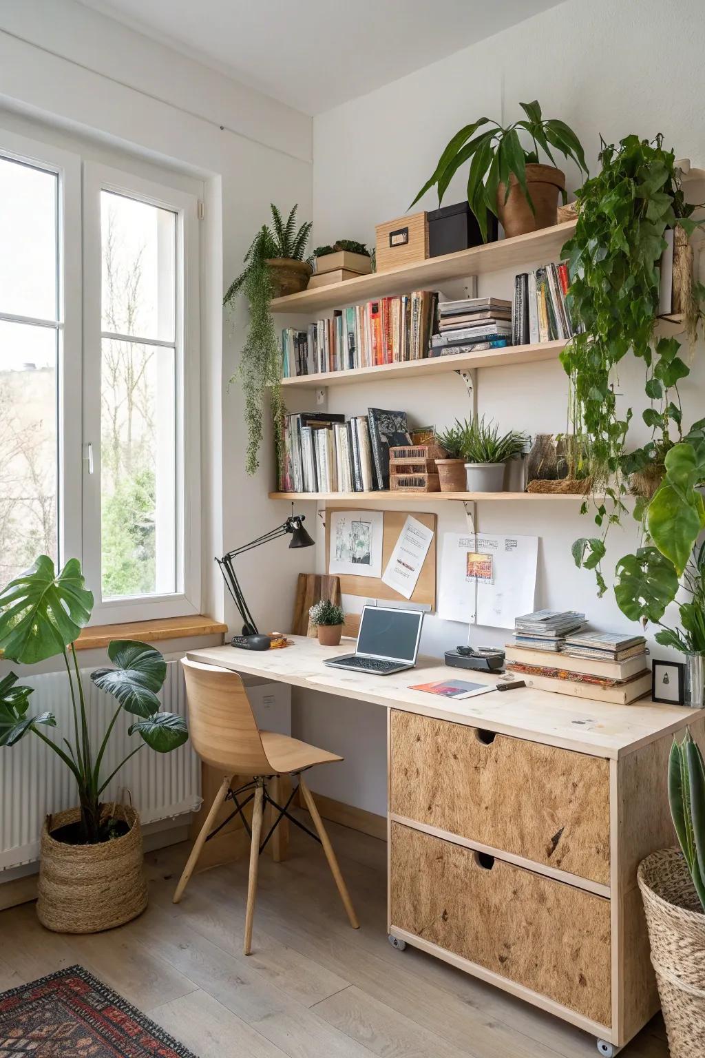 A surface board desk and shelving unite style and utility in a home office.