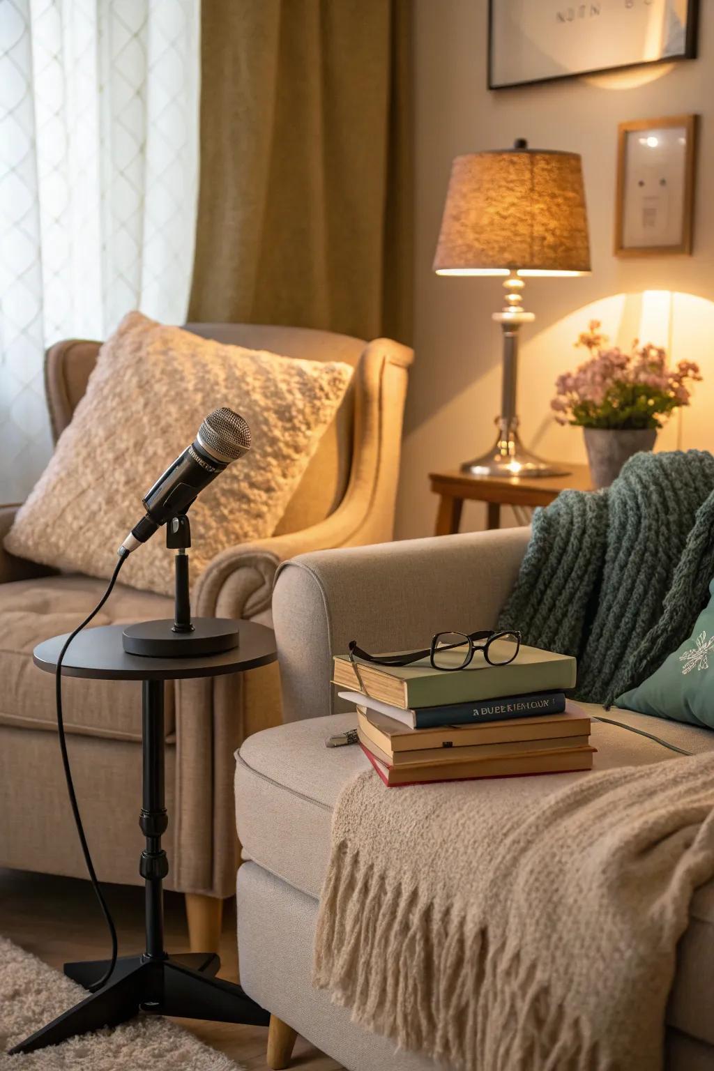 A comfortable podcast corner nestled in a living room.