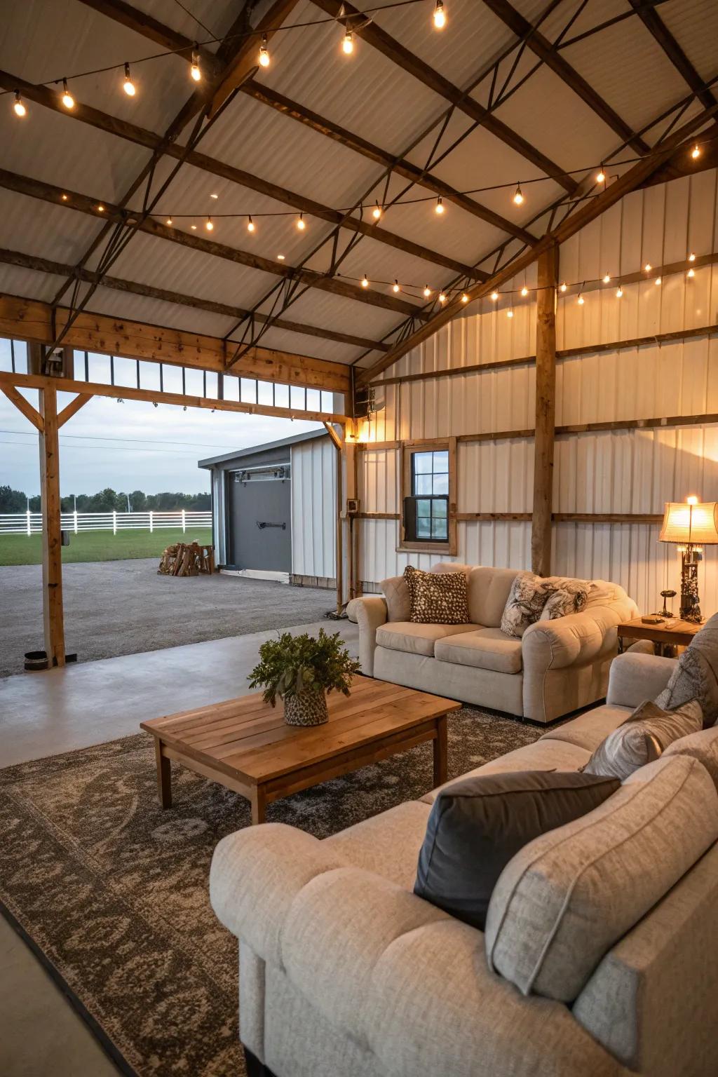A relaxing living space inside a pole barn showcasing plush couches and gentle lighting.