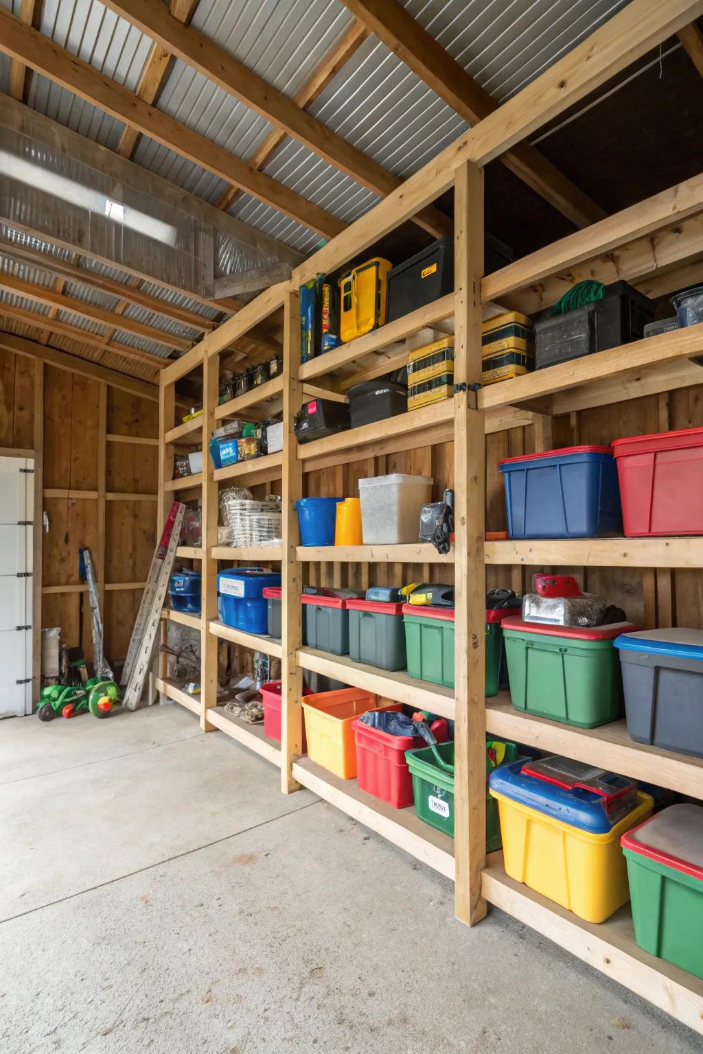 Custom DIY racks make the most of storage in a pole barn.