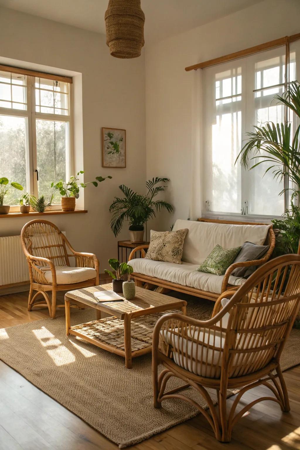 Natural elements like bamboo and rattan foster a peaceful setting.