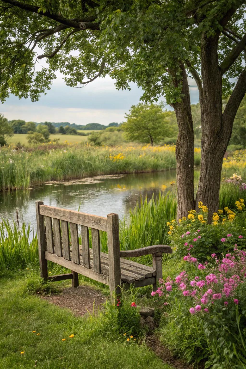 A classic wooden bench offers a delightful spot to unwind by the pond.