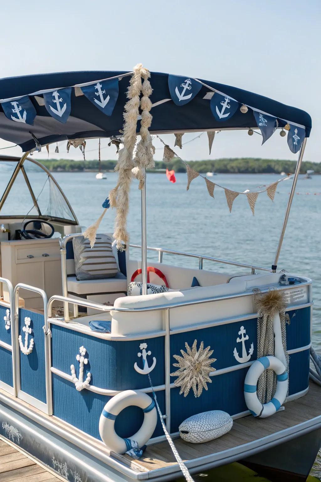 A pontoon boat decorated with a nautical theme, showcasing anchors and seashells, ideally suited for a parade.