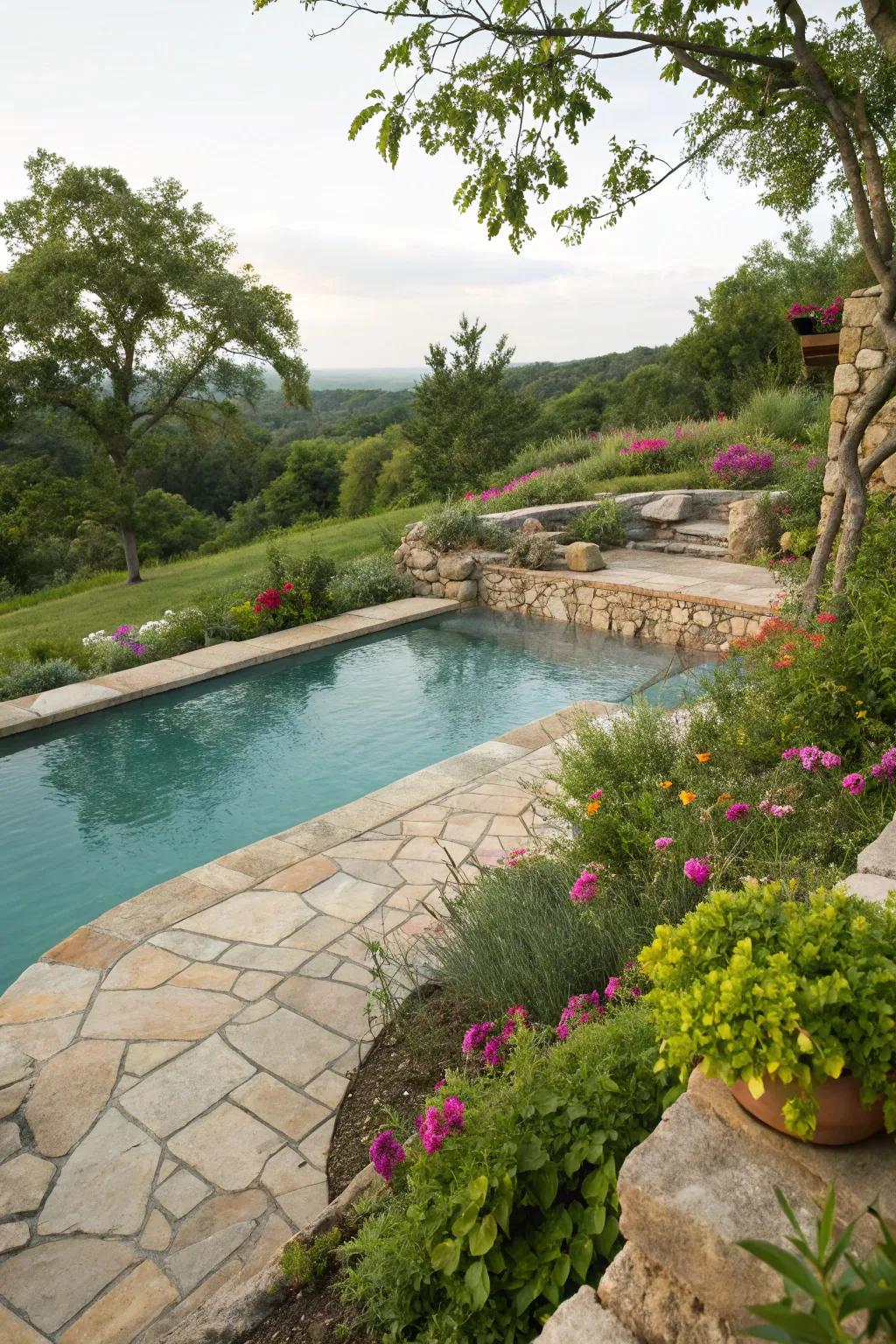 Verdant stone lends a traditional, sophisticated feel to pool zones.