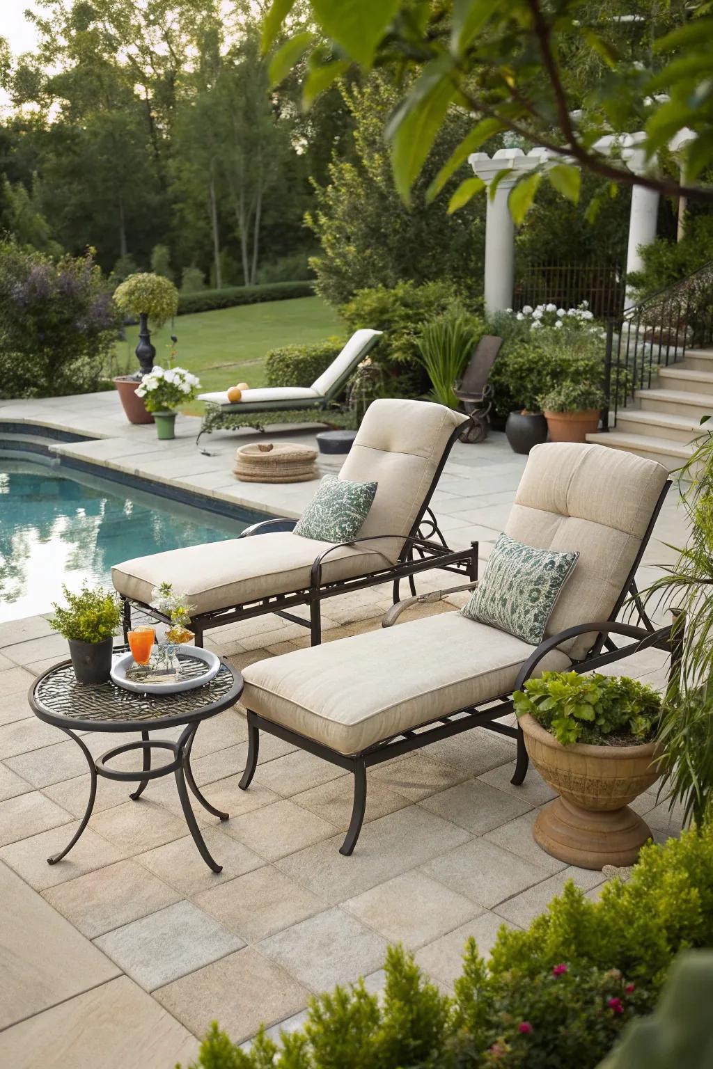 An inviting nook on the pool deck inspires you to de-stress in panache.