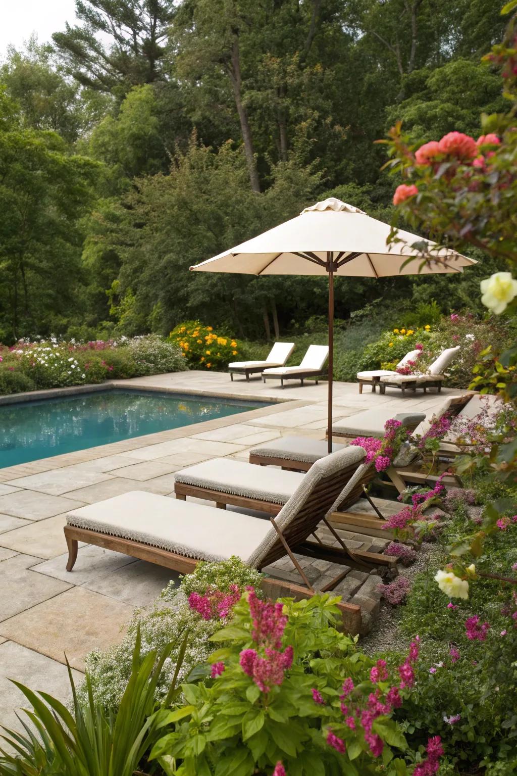 A comfortable relaxation area with sunbathing beds and shade from an umbrella.
