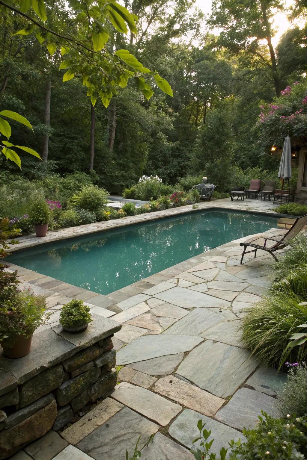 Earth stone platforms exude elegance and offer lasting durability for any pool setting.