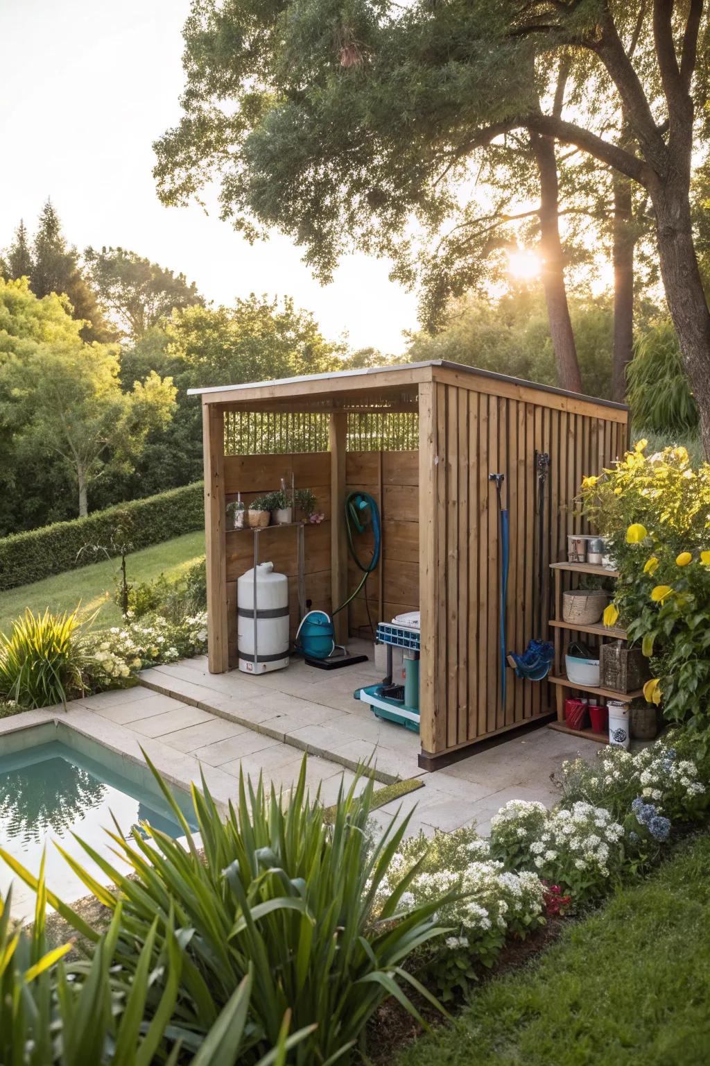 A fashionable wooden slat screen beautifully situated in a garden environment.