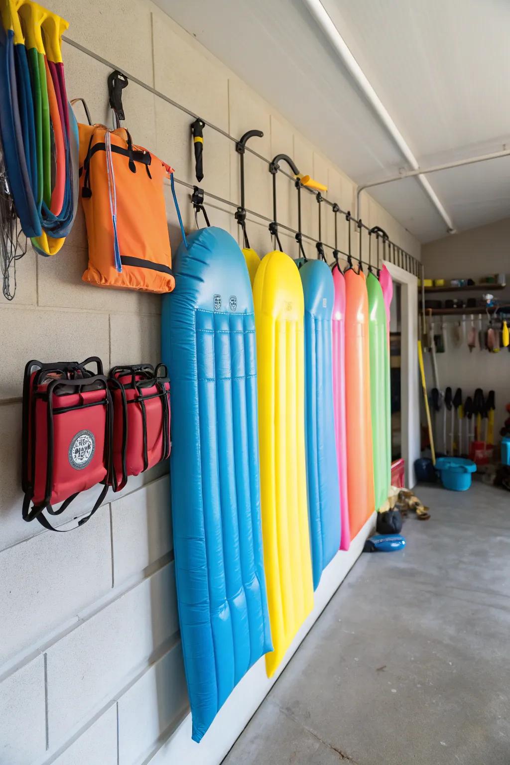 Pool floats neatly arranged on wall racks, providing a clutter-diminished garage setting.