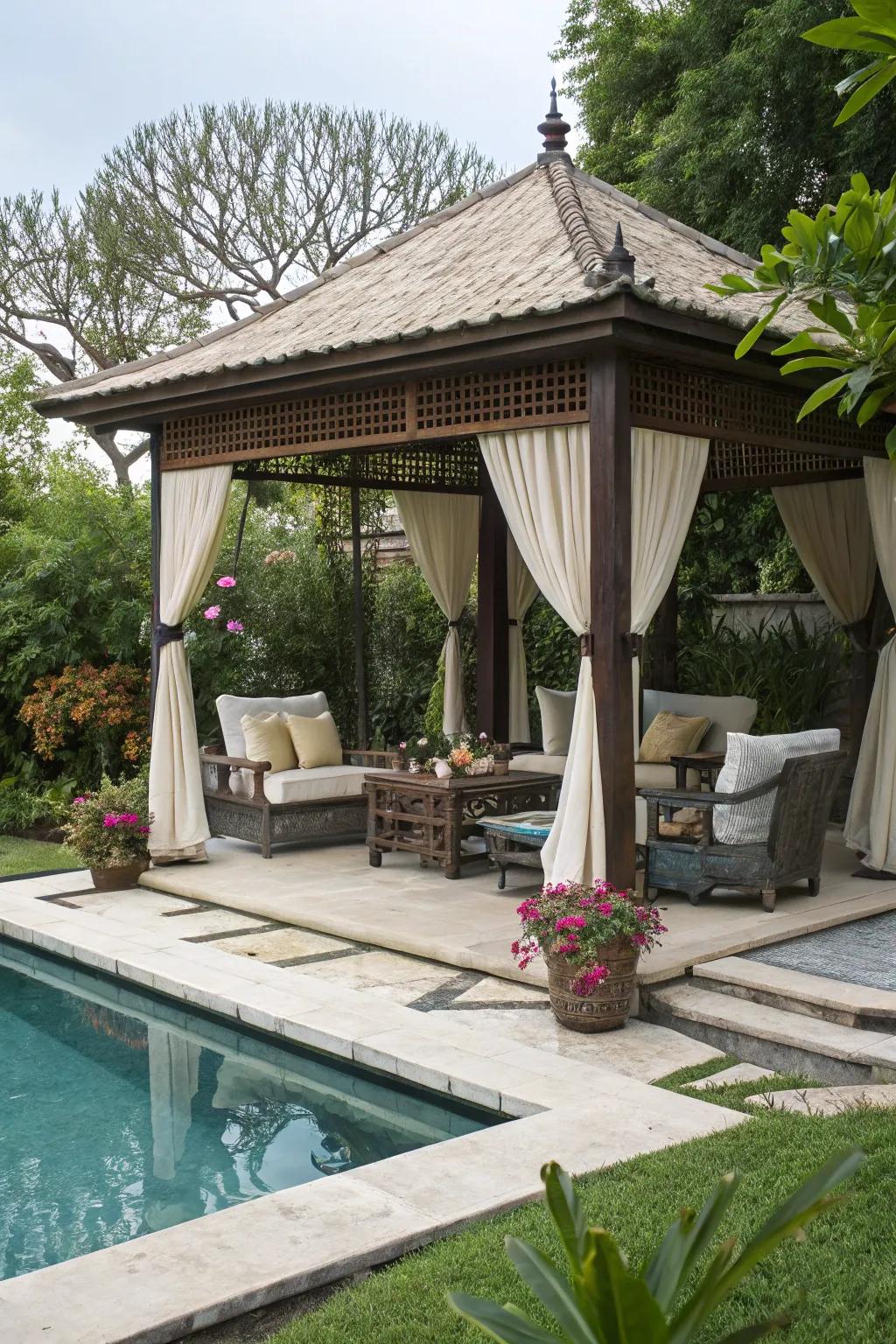 An open gazebo that pairs beautifully with the poolside setting.