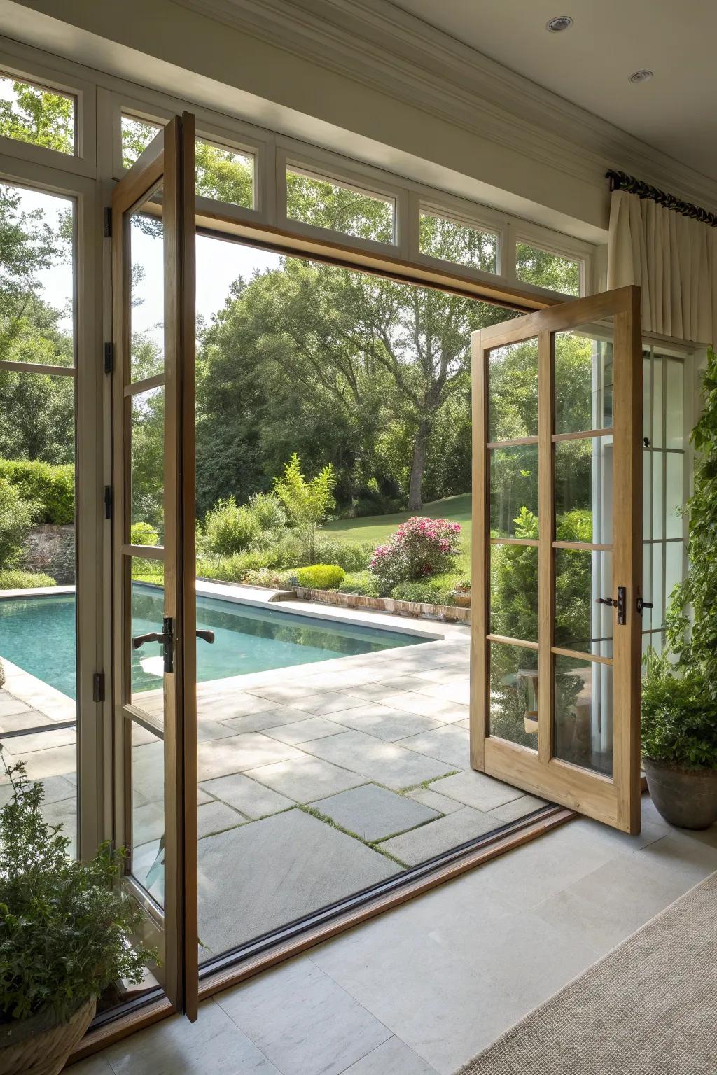 A sun-drenched pool house featuring large windows and a smooth blend of indoor and outdoor spaces.