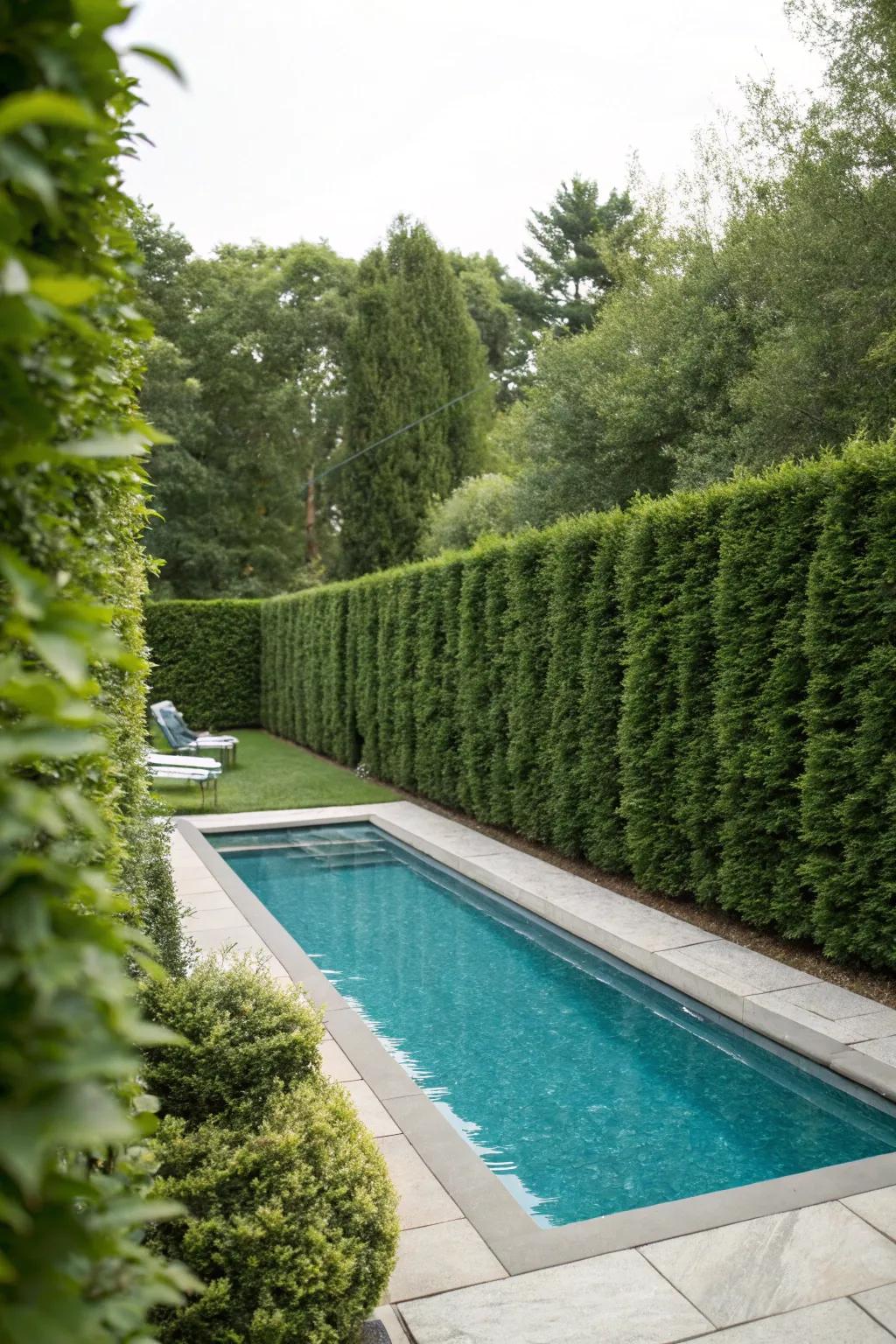 Towering green walls offer a natural privacy screen around your backyard pool.