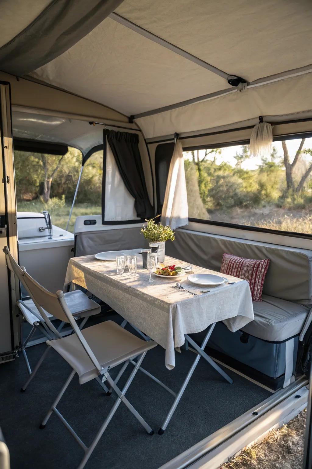 Foldaway furnishings ensure your camper remains versatile and orderly.