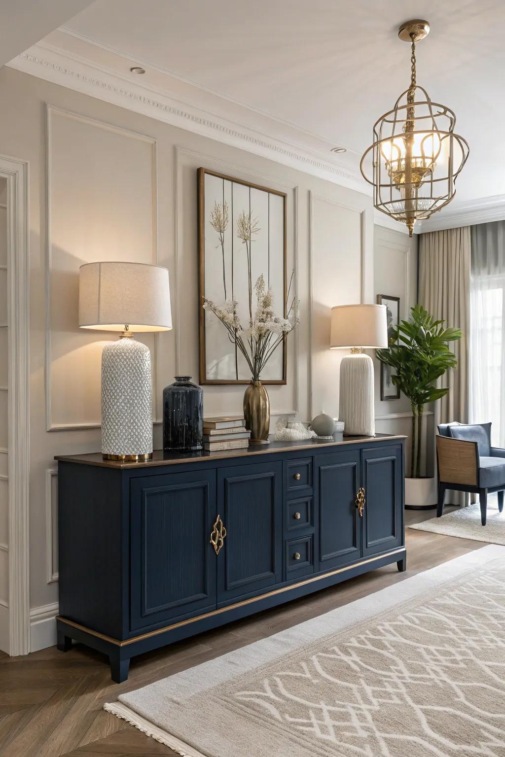A marine blue sideboard introduces timeless elegance and richness.