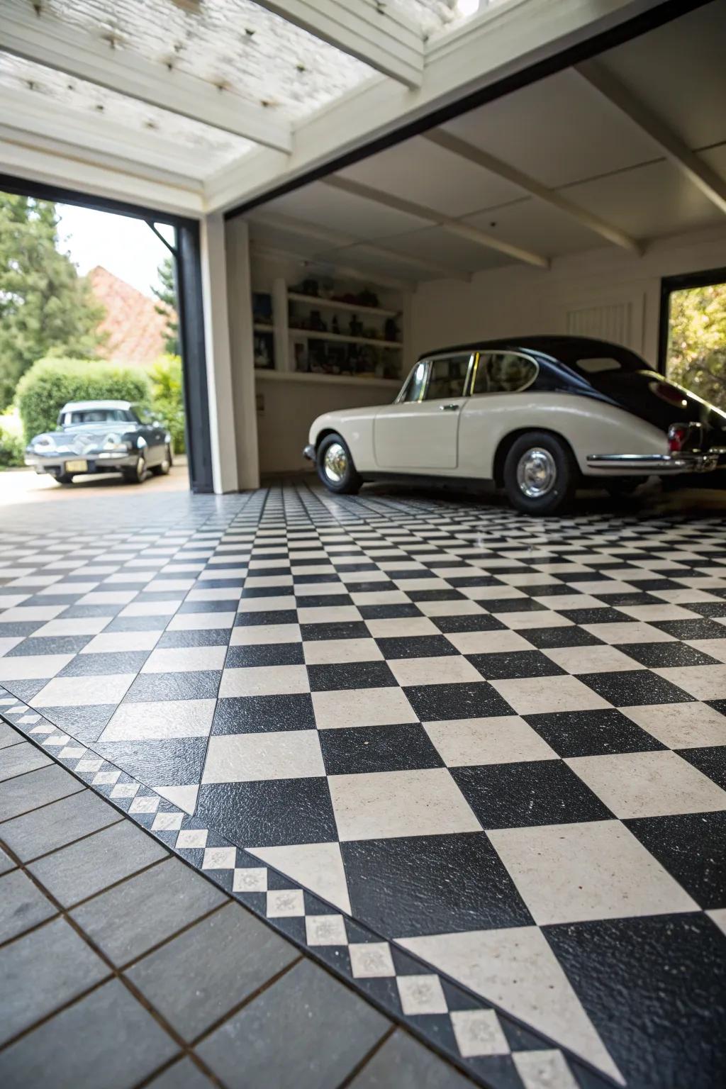 Capture a timeless aesthetic with a traditional checkered tile floor in your garage.