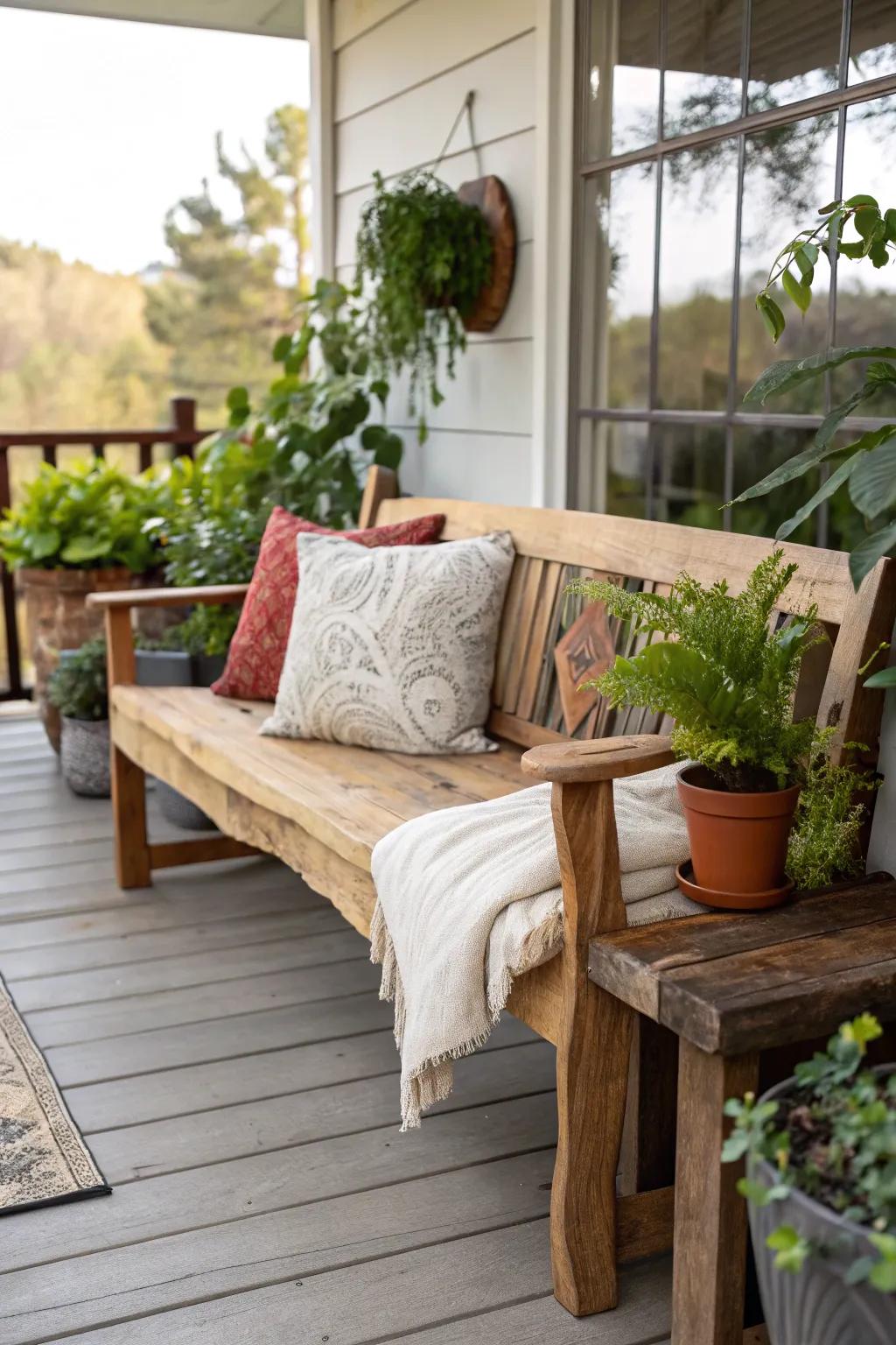 A rustic natural edge wood bench enhances the appeal of any porch.