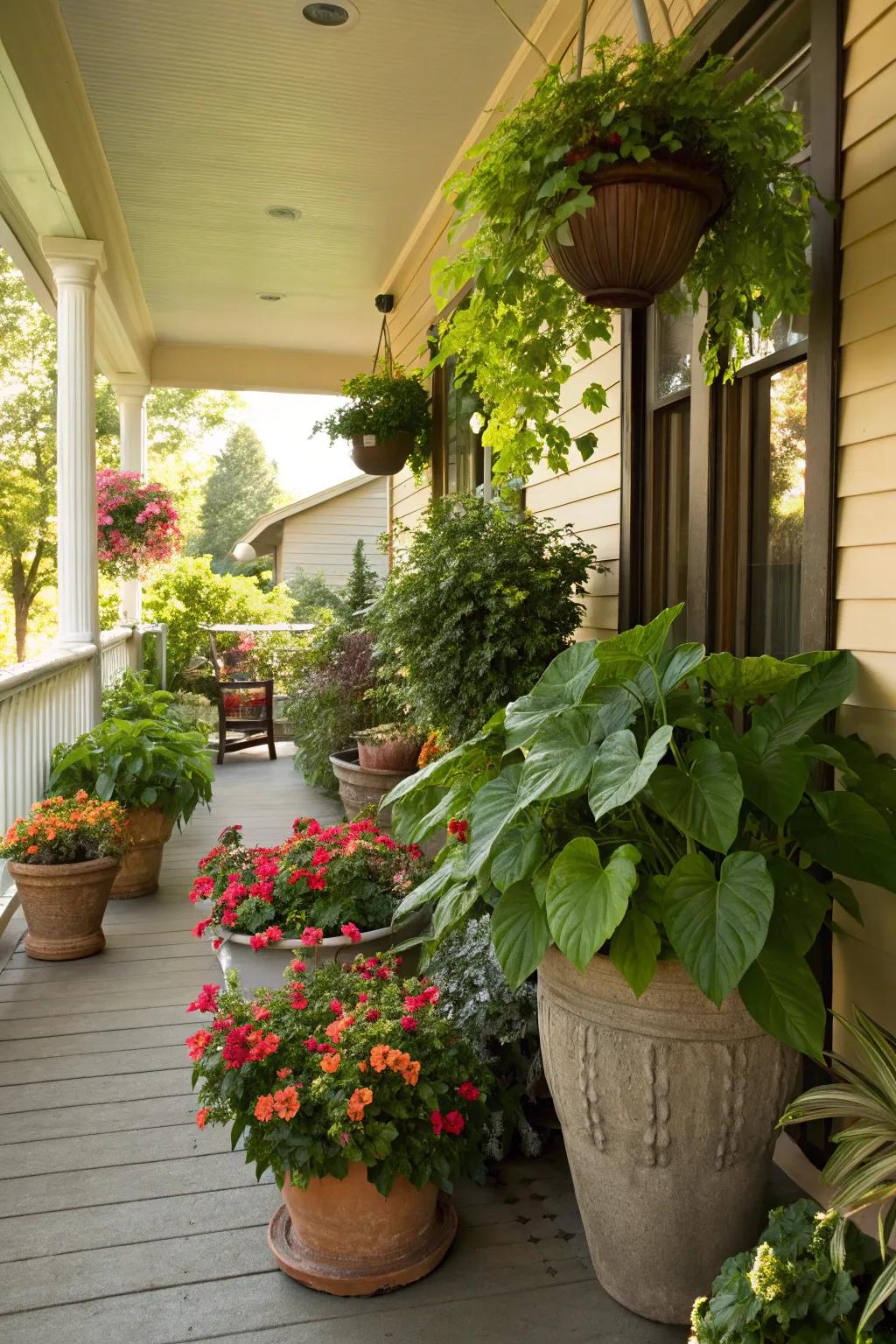 A vibrant porch showcasing a diverse collection of potted plants.