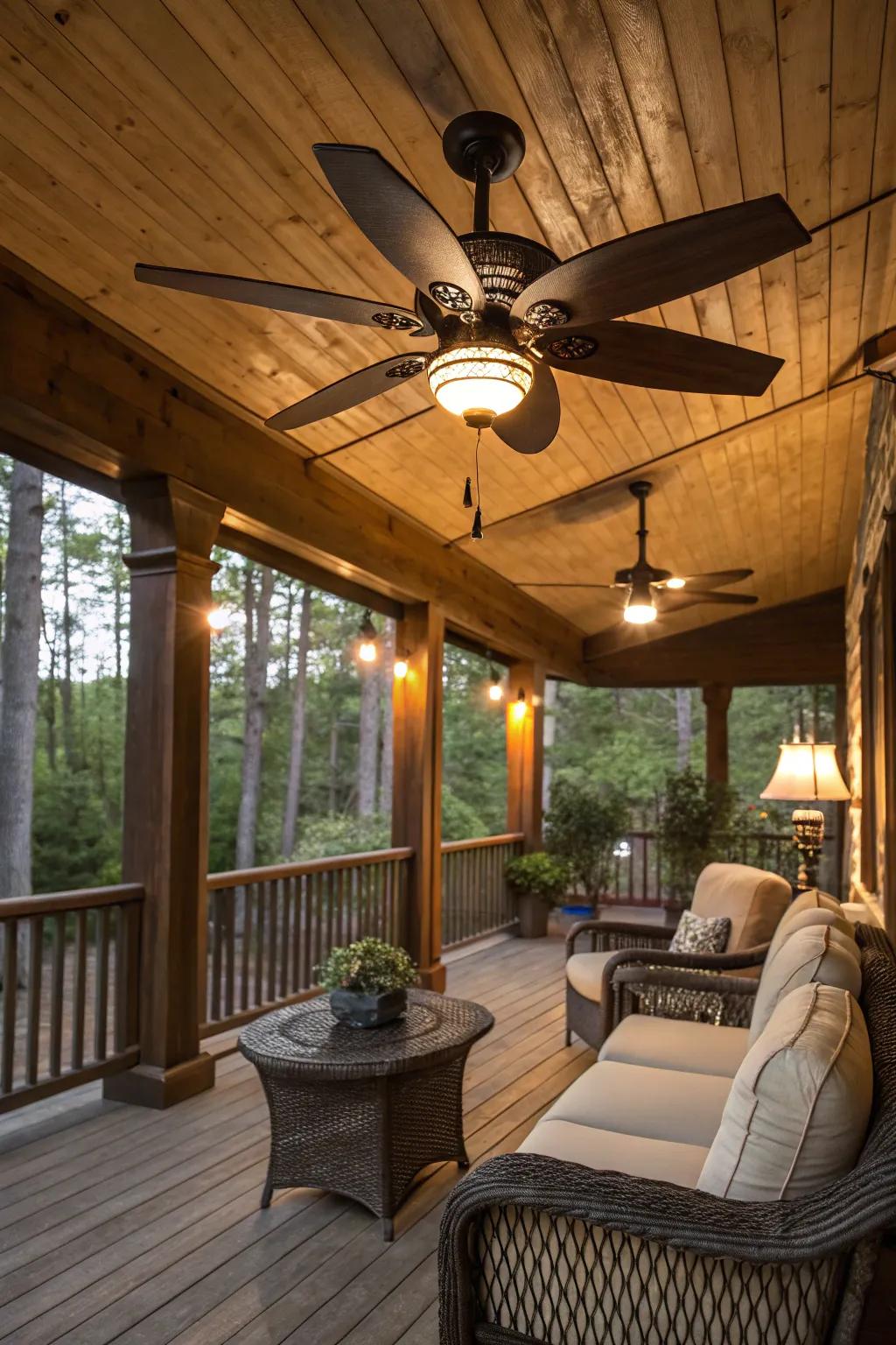 A timeless overhead air mover adds charm and utility to this welcoming porch.
