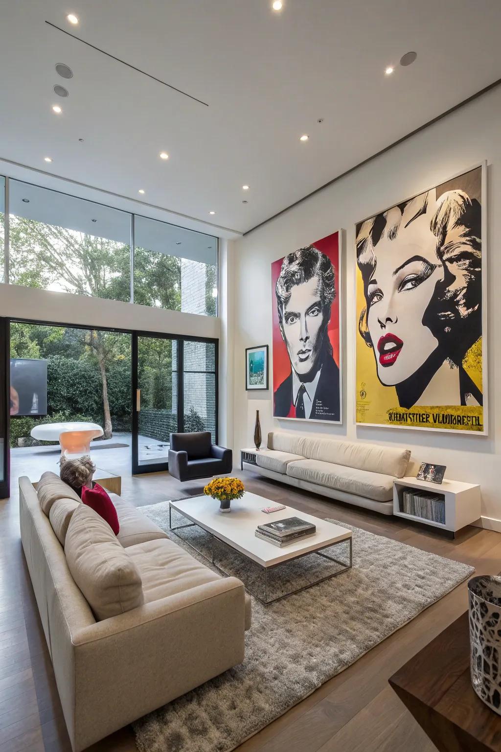 A modern living space showcasing famous artwork posters.