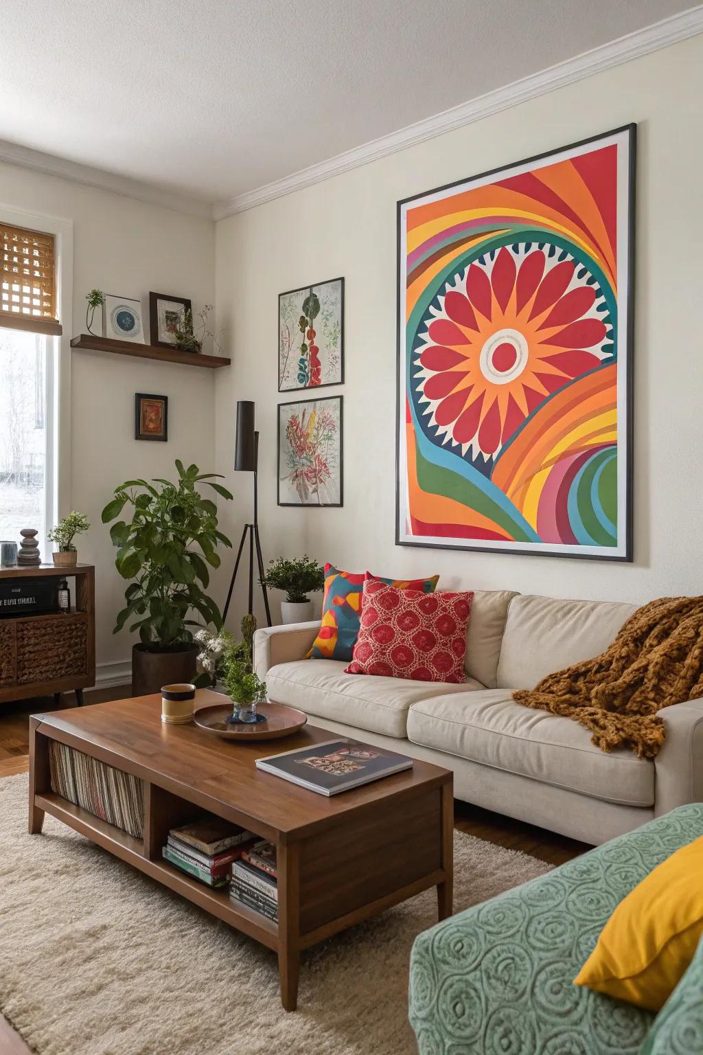 An eye-catching abstract poster introduces a burst of color to any room.