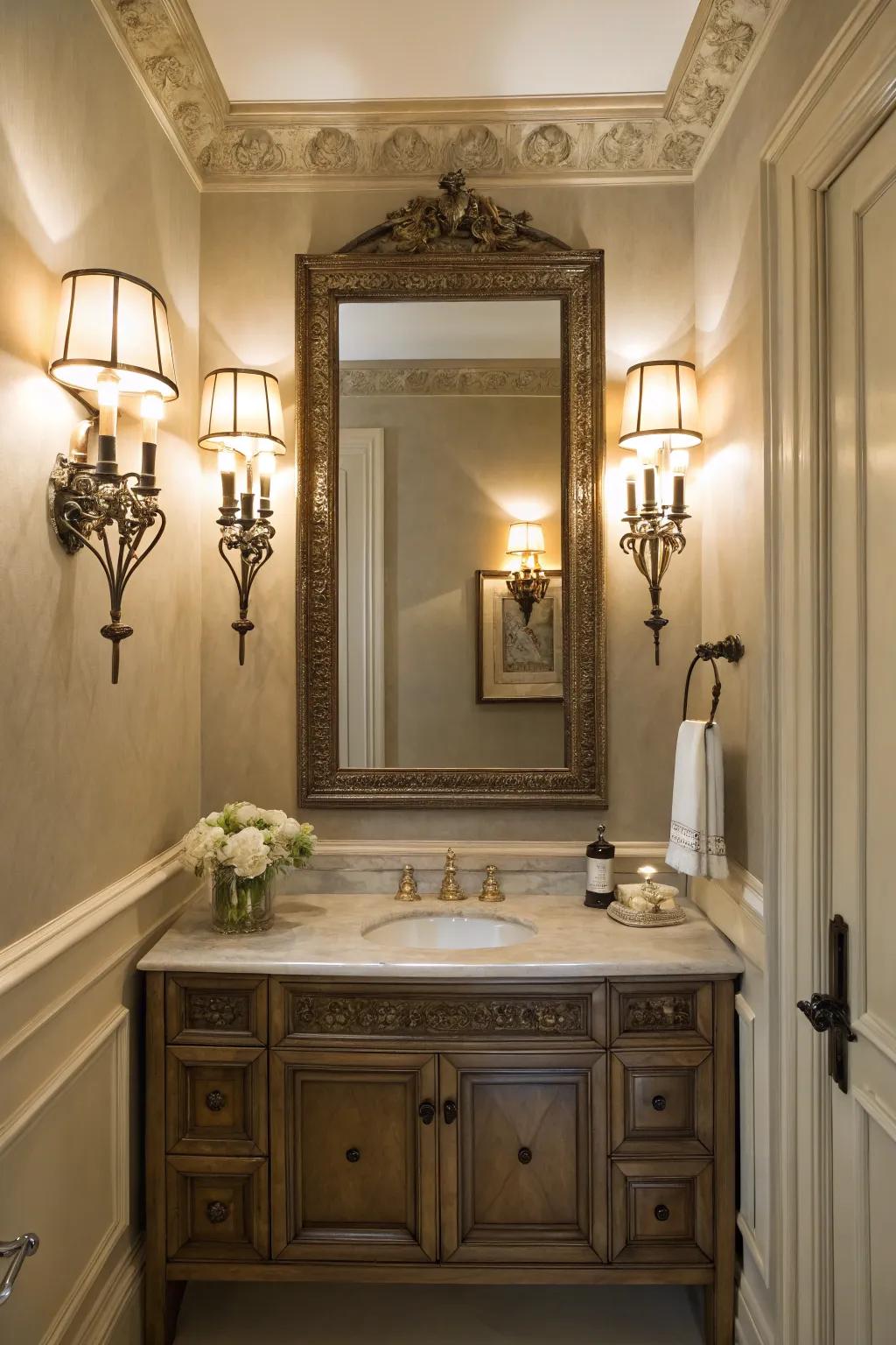Sconces placed around a mirror bring elegance and reduce shadows.