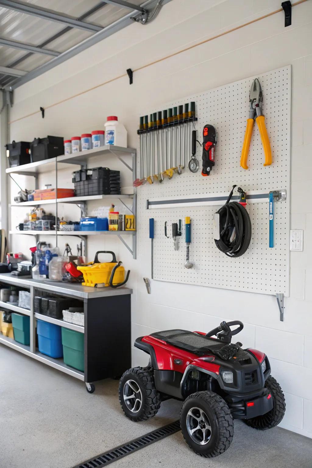 Ride-on toys hanging on garage wall hooks for smart storage.