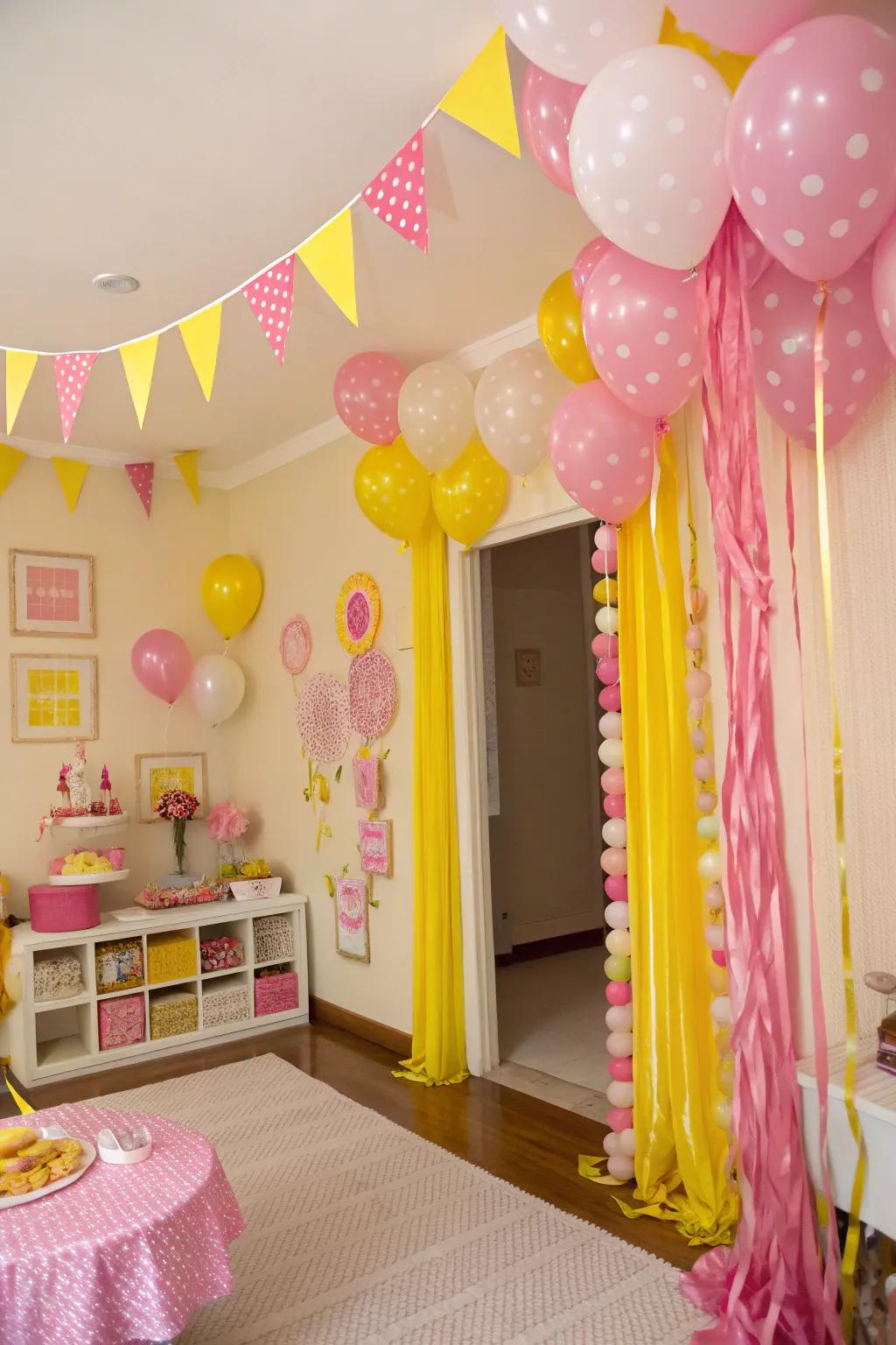 A room enhanced with pink and yellow decor for a spirited preppy party.
