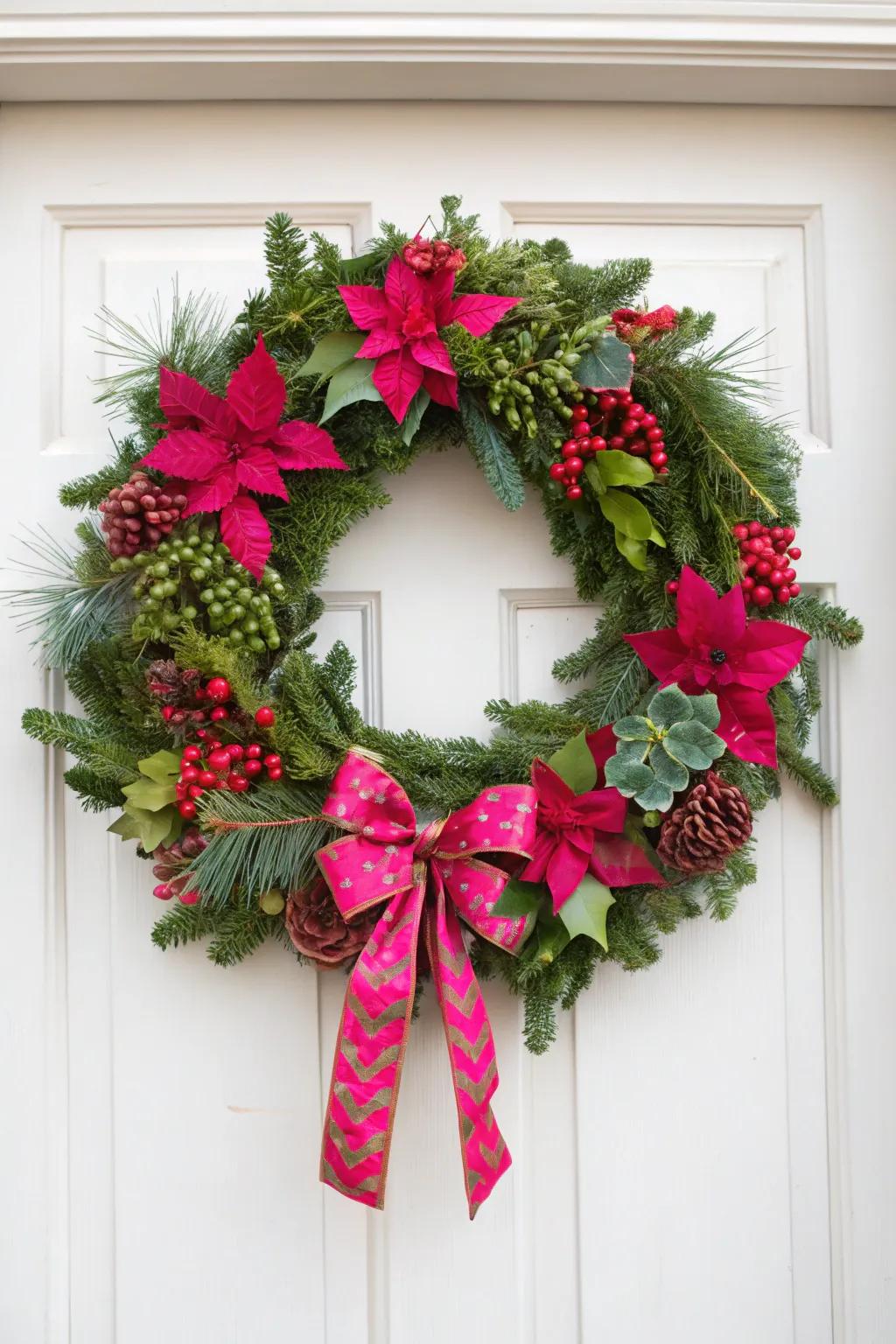 A spirited preppy Christmas wreath in bright hues.